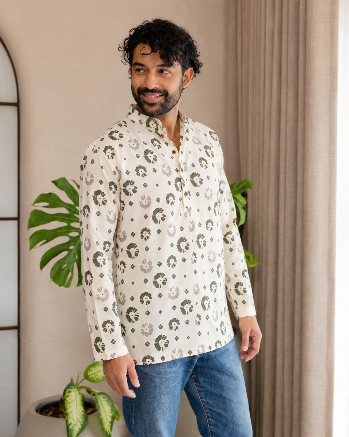 Off White Paisley Printed Swiss Linen Short Kurta