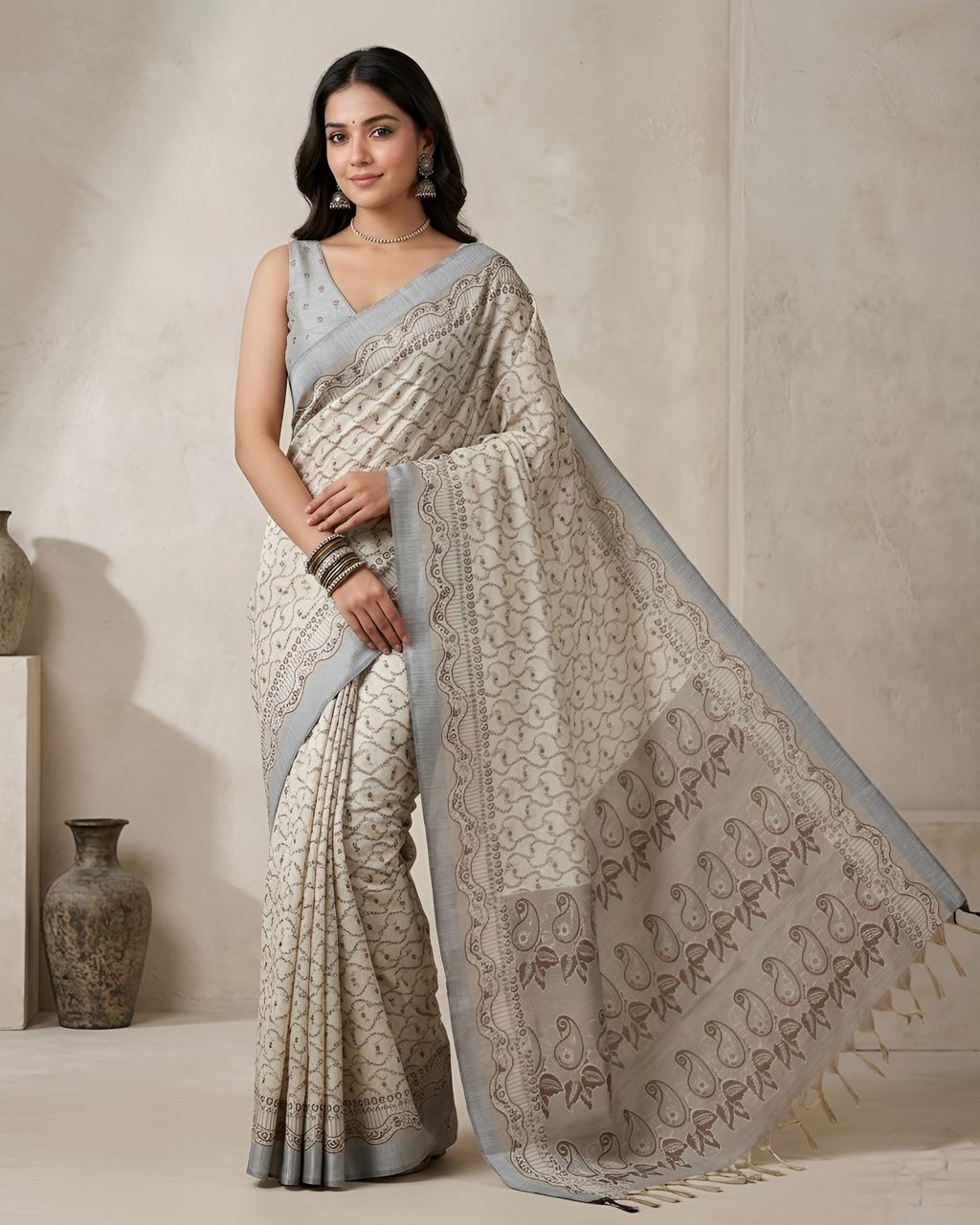 Off White Paisley Woven Cotton Silk Saree