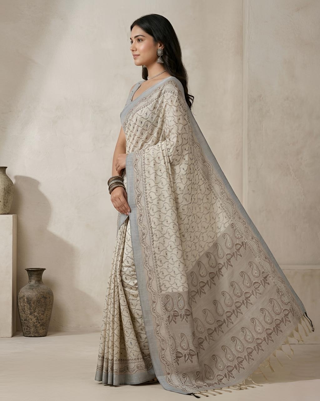 Off White Paisley Woven Cotton Silk Saree — alternate view