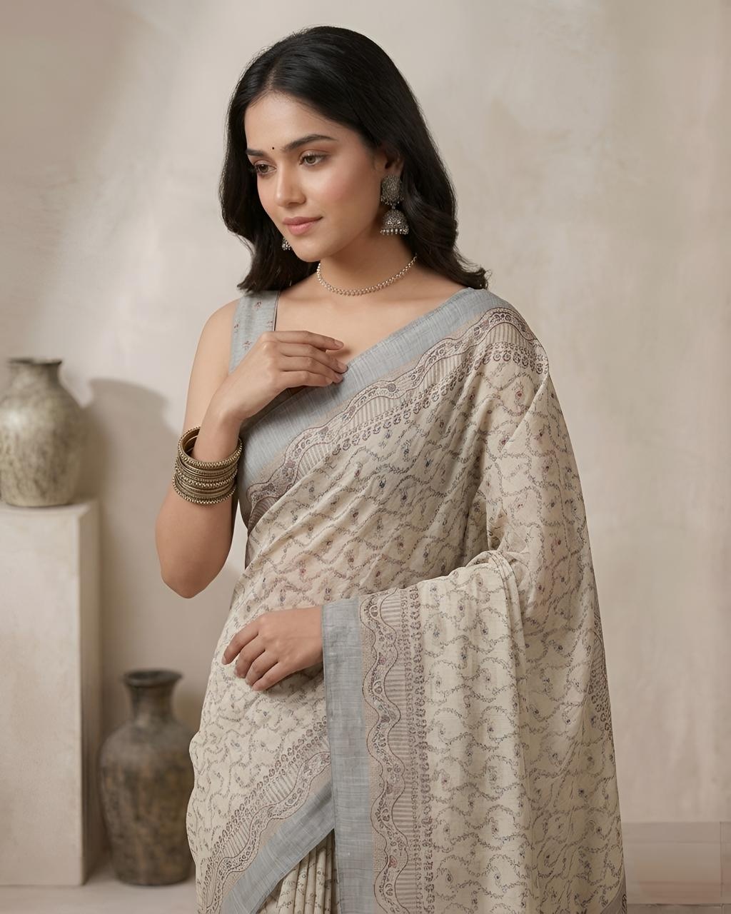 Off White Paisley Woven Cotton Silk Saree