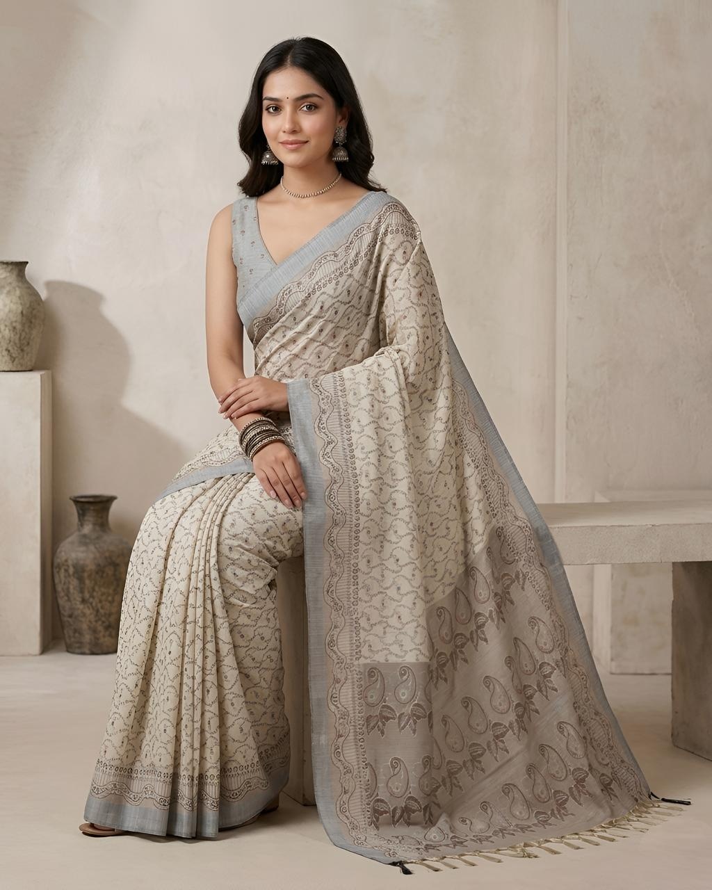 Off White Paisley Woven Cotton Silk Saree