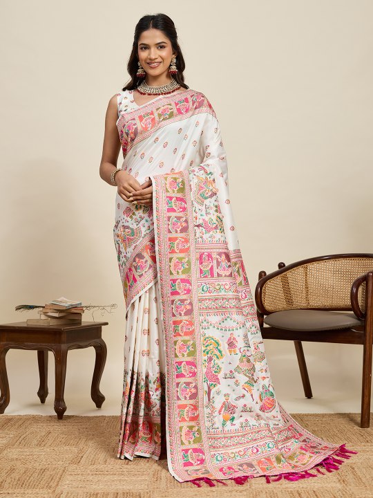 Off White Pashmina Silk Meenakari Designer Saree