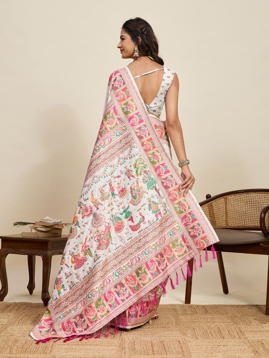 Off White Pashmina Silk Meenakari Designer Saree — alternate view