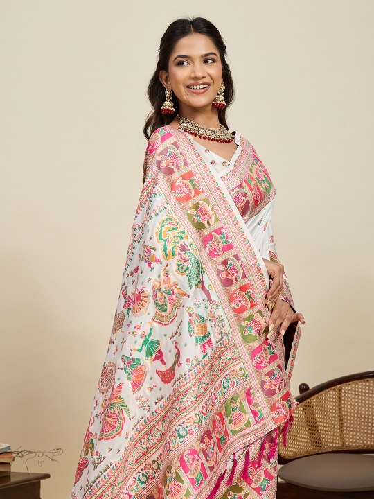 Off White Pashmina Silk Meenakari Designer Saree