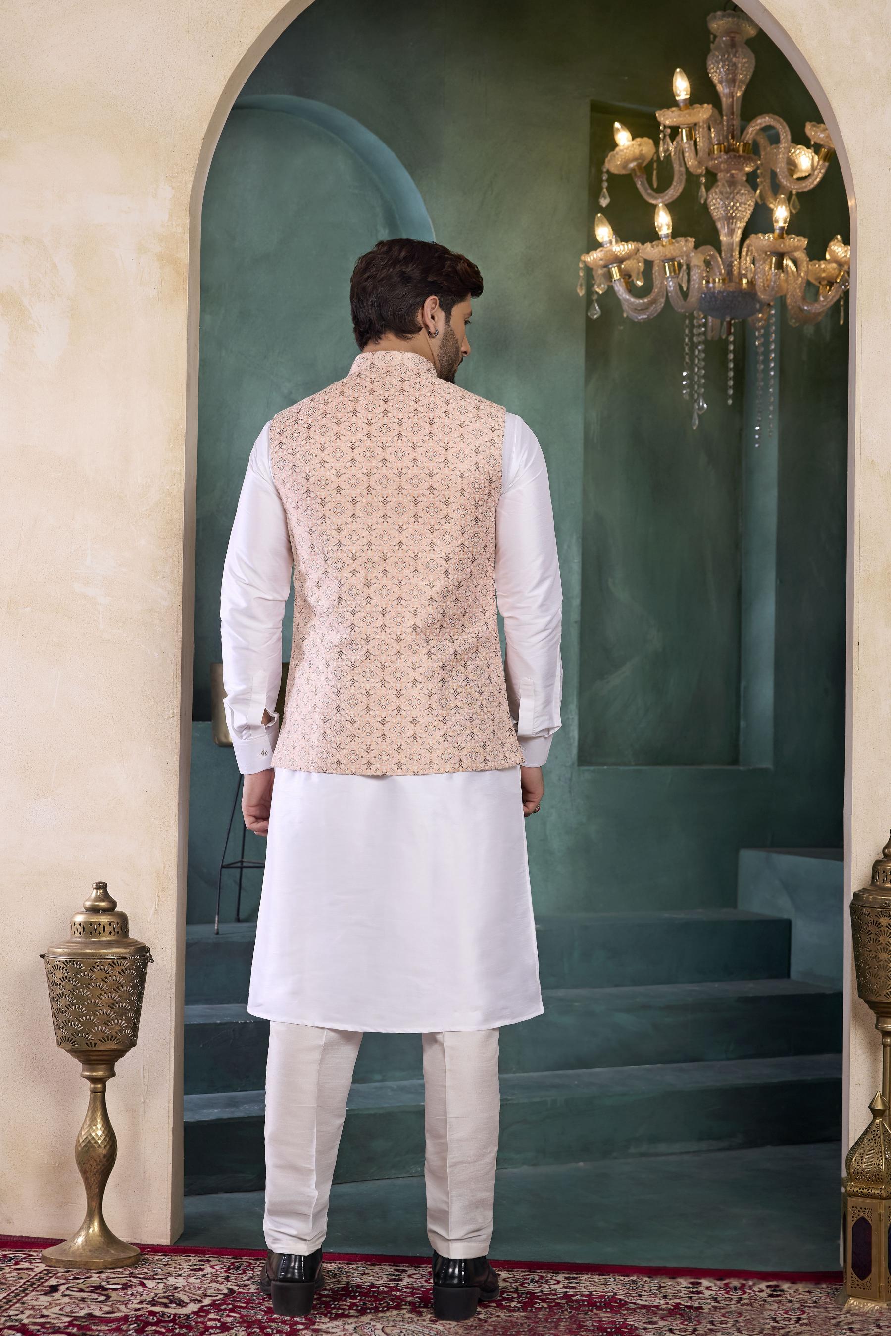 Off White Peach Banarasi Silk Kurta Pyjama — alternate view