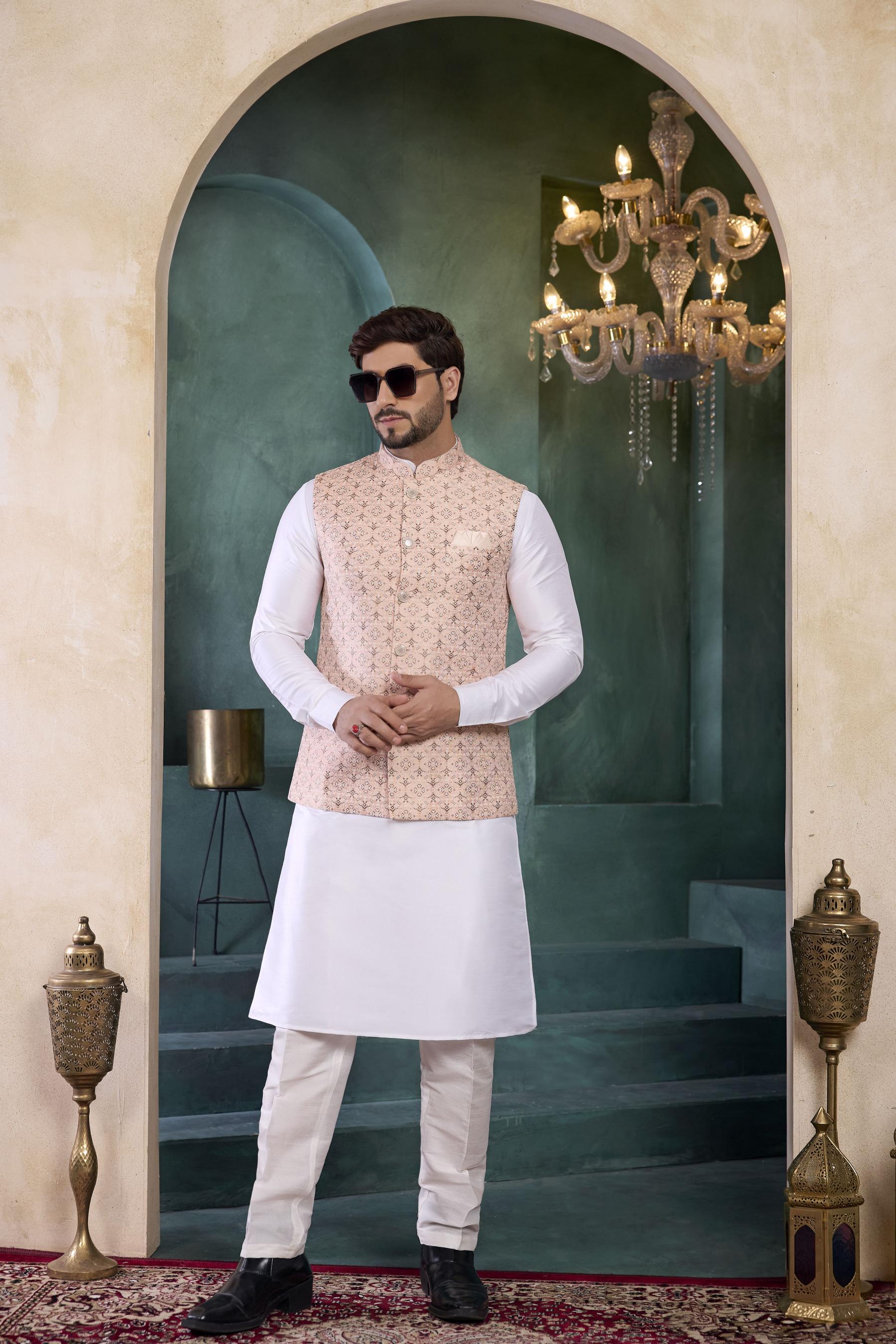 Off White Peach Banarasi Silk Kurta Pyjama