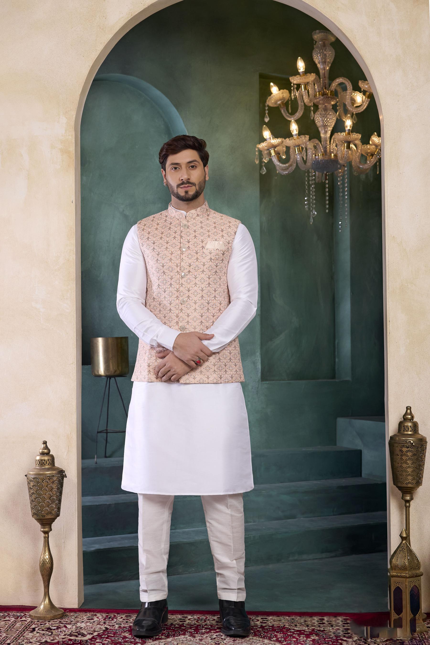 Off White Peach Banarasi Silk Kurta Pyjama