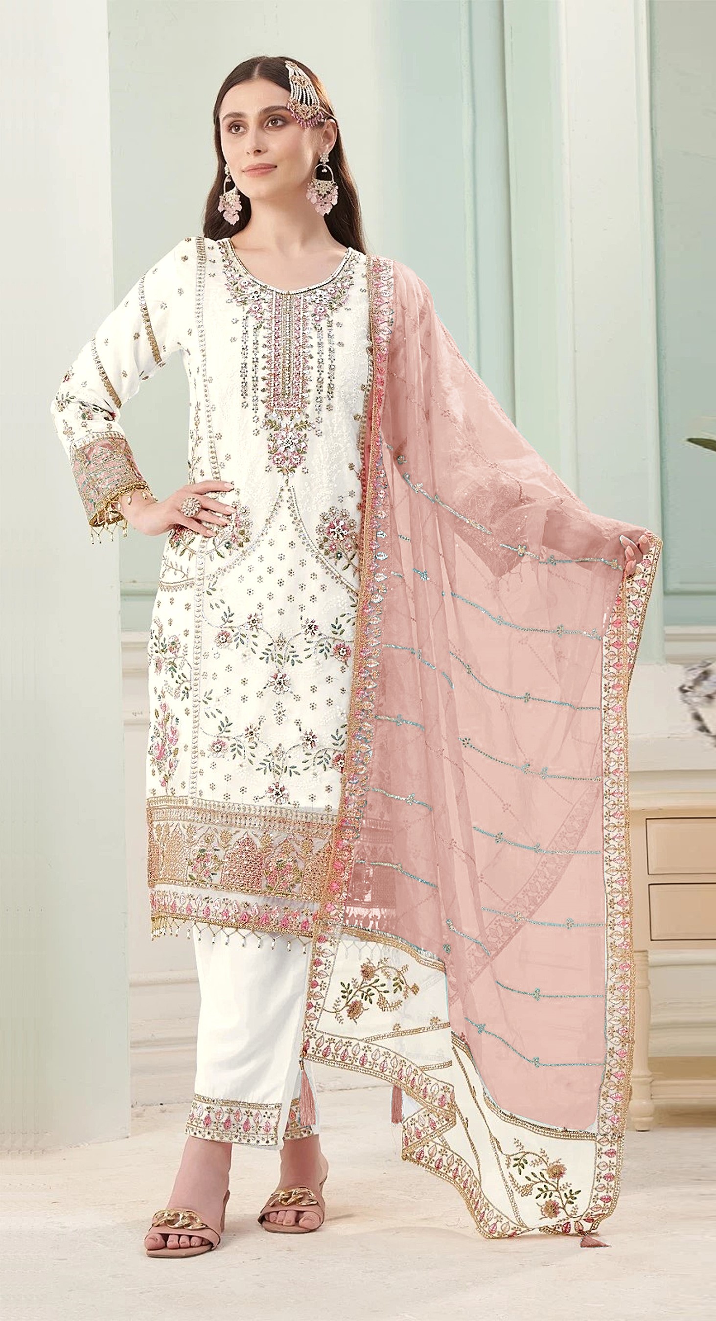 Off White Peach Floral Designer Embroidered Salwar Kameez