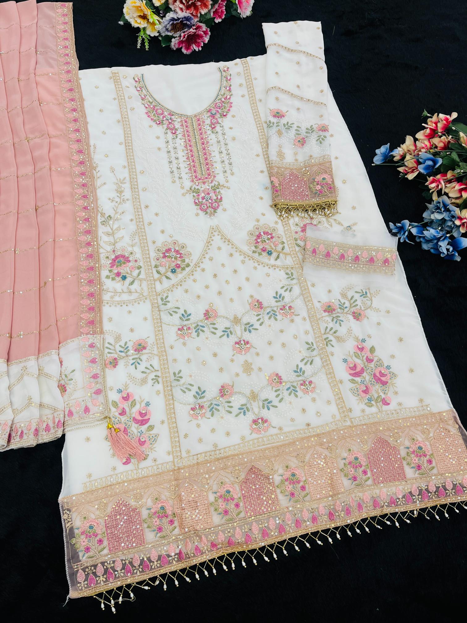 Off White Peach Floral Designer Embroidered Salwar Kameez