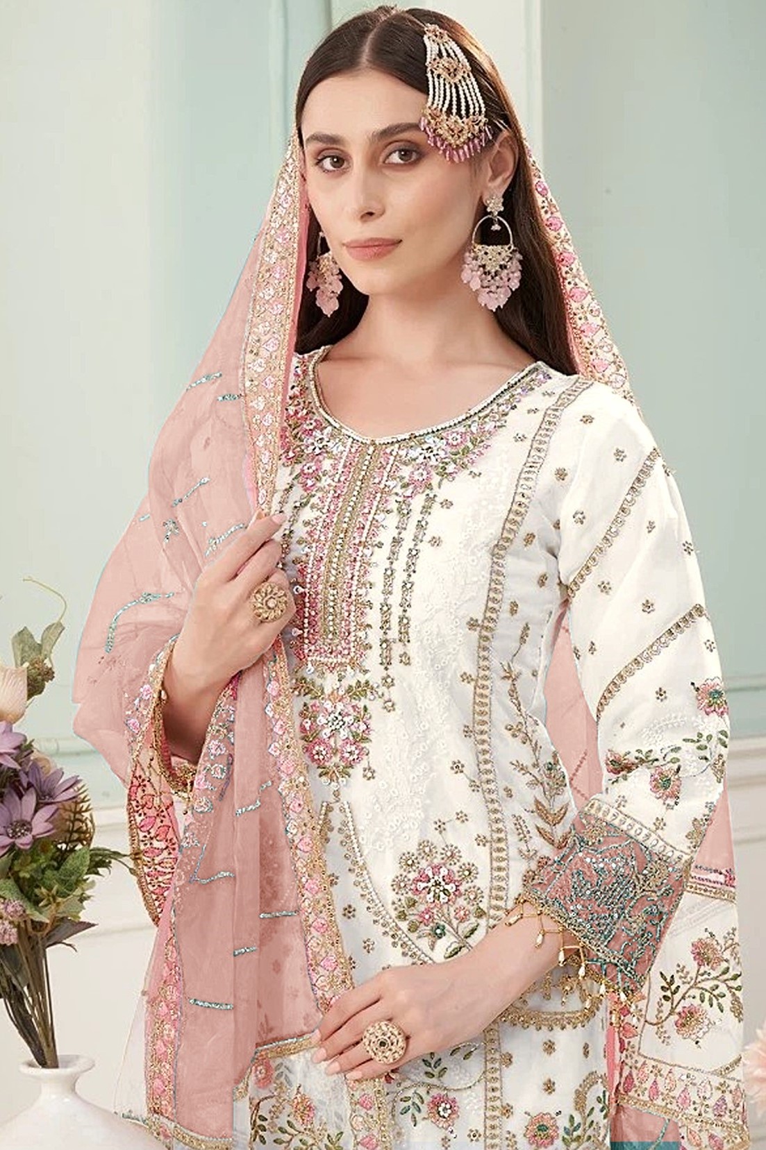 Off White Peach Floral Designer Embroidered Salwar Kameez