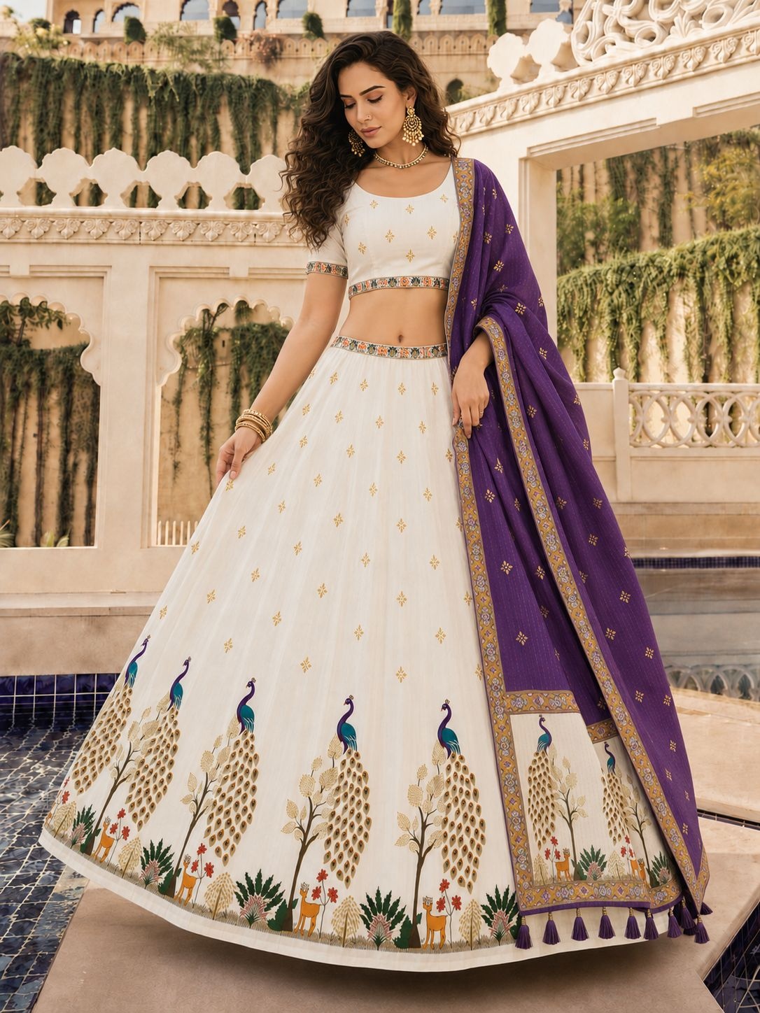 Off White Peacock Designer Cotton Rayon Lehenga Choli