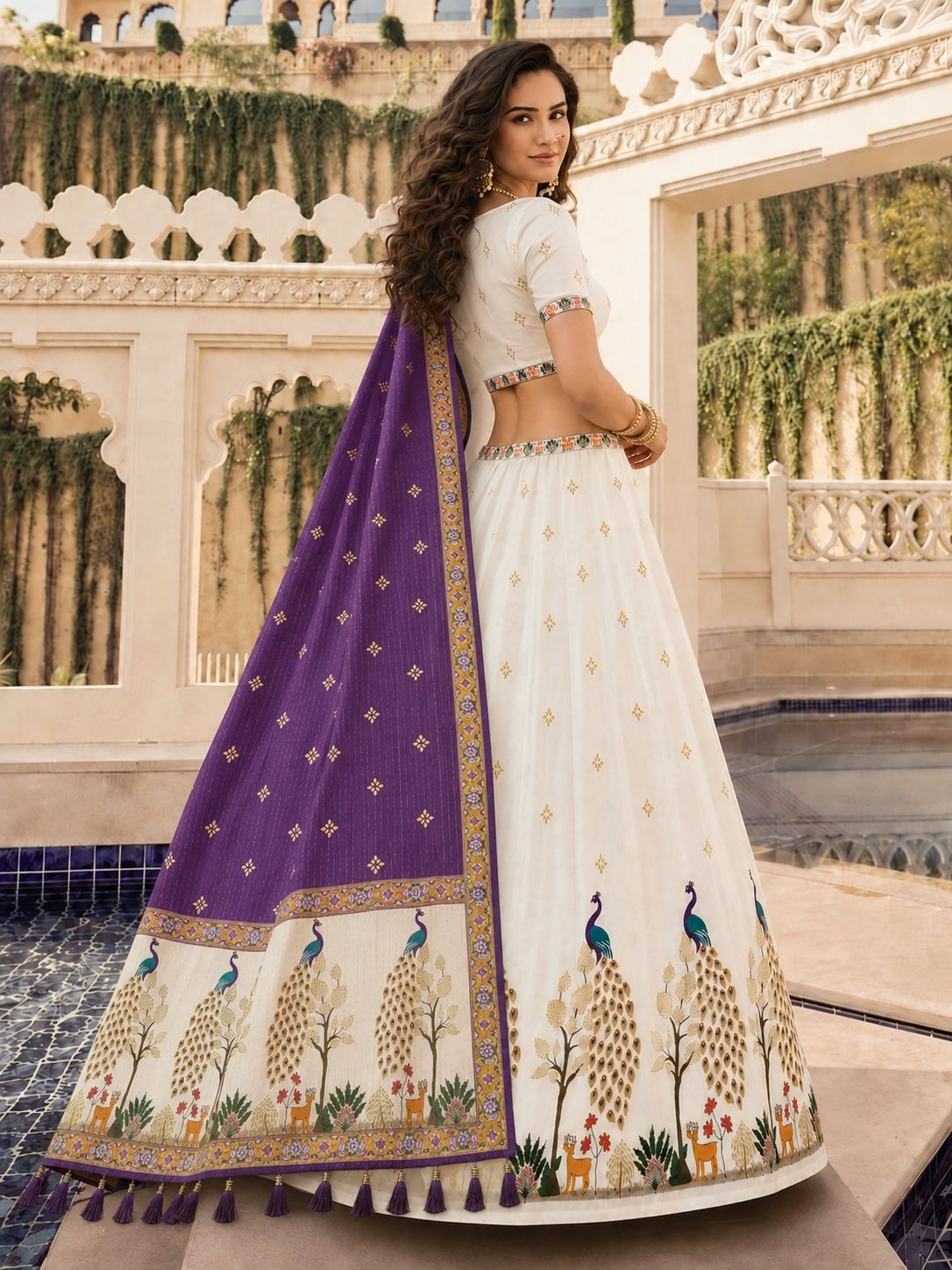 Off White Peacock Designer Cotton Rayon Lehenga Choli — alternate view