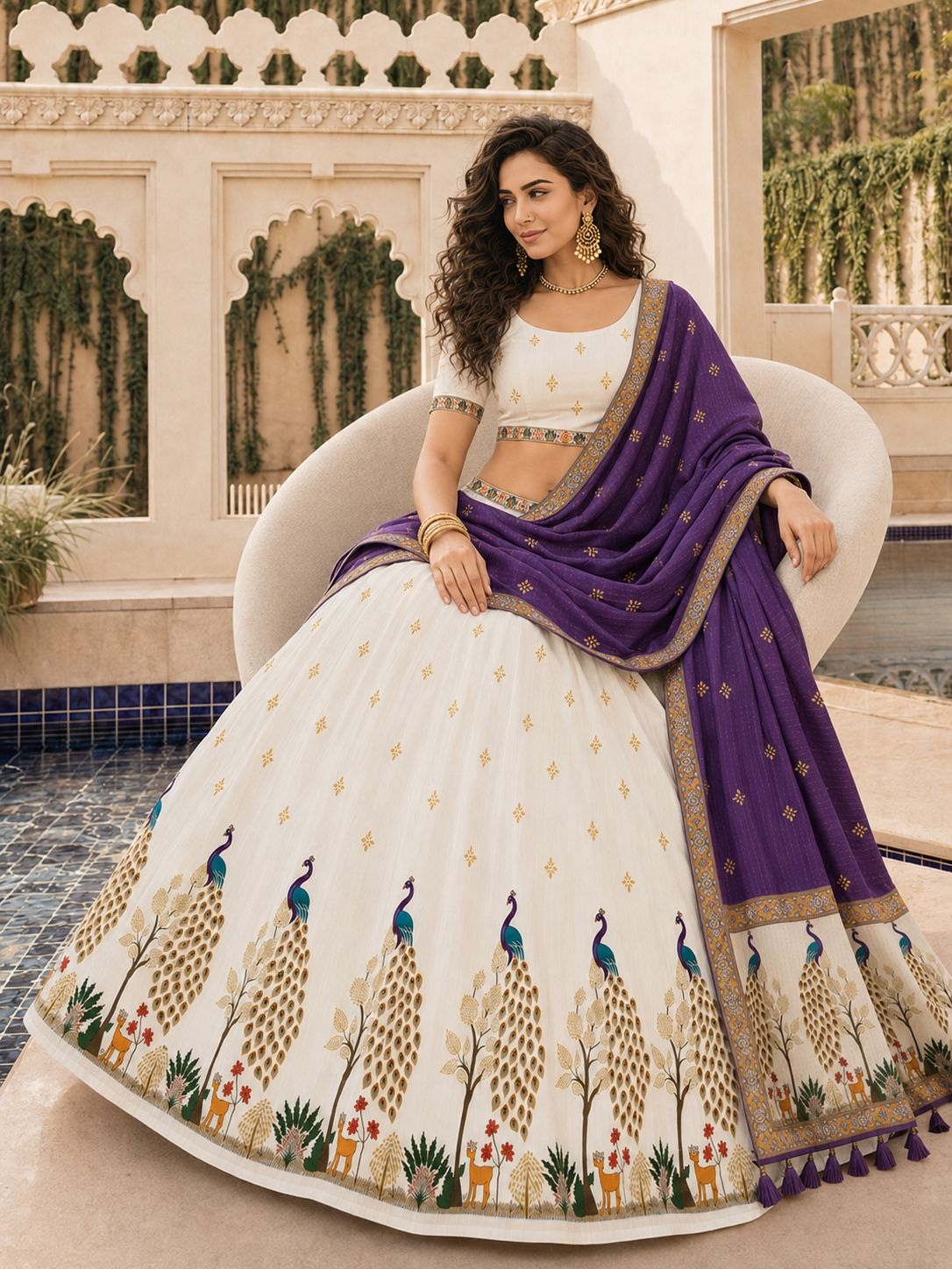 Off White Peacock Designer Cotton Rayon Lehenga Choli