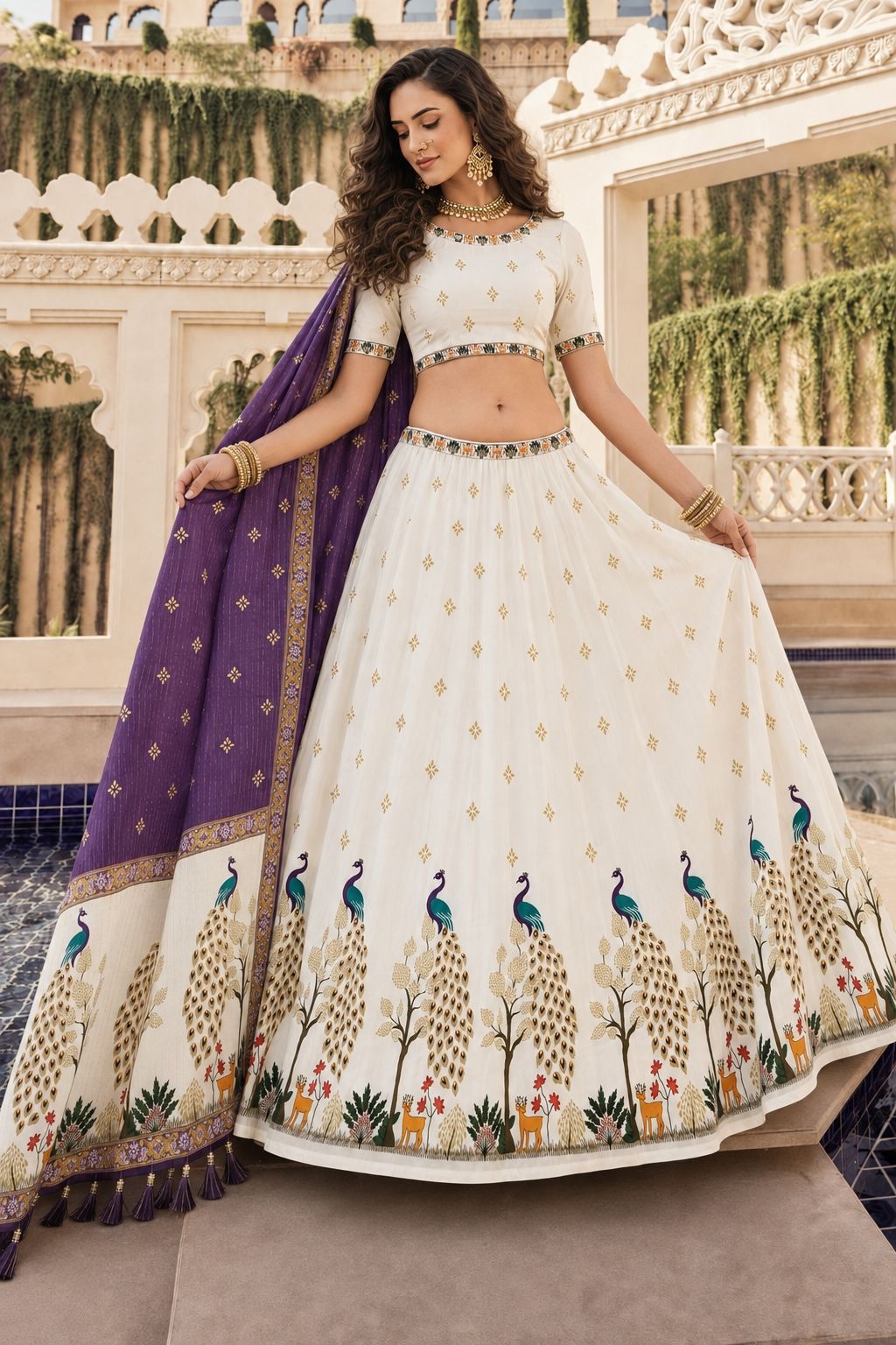 Off White Peacock Designer Cotton Rayon Lehenga Choli