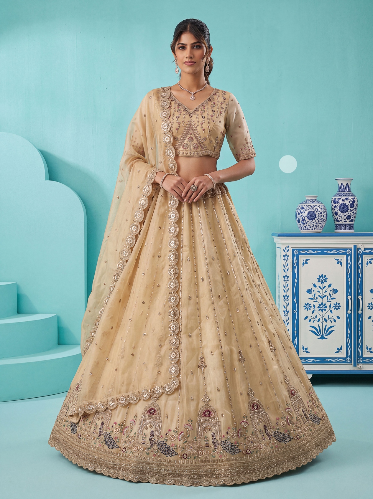 Off White Peacock Zari Silk Bridal Lehenga
