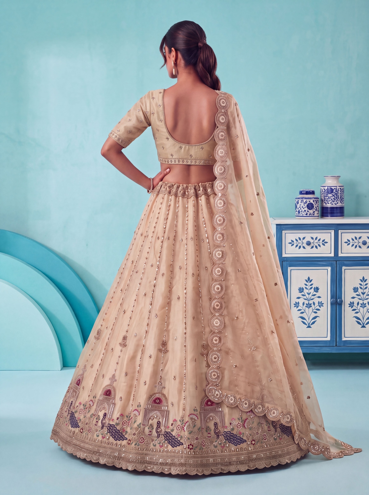 Off White Peacock Zari Silk Bridal Lehenga — alternate view
