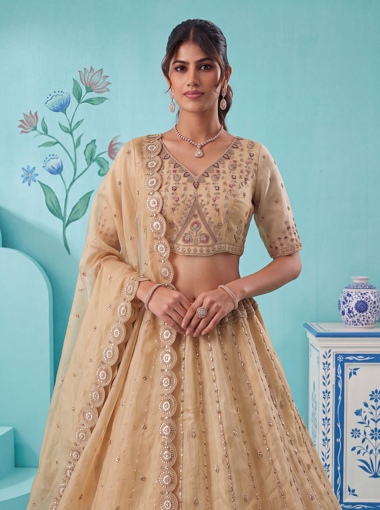 Off White Peacock Zari Silk Bridal Lehenga