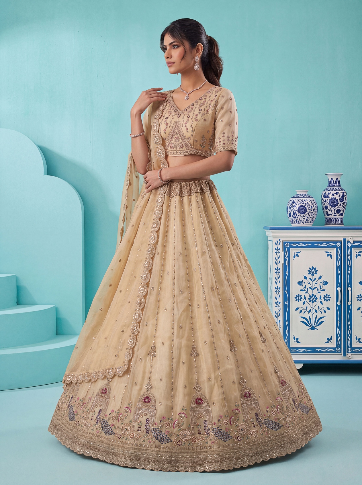 Off White Peacock Zari Silk Bridal Lehenga