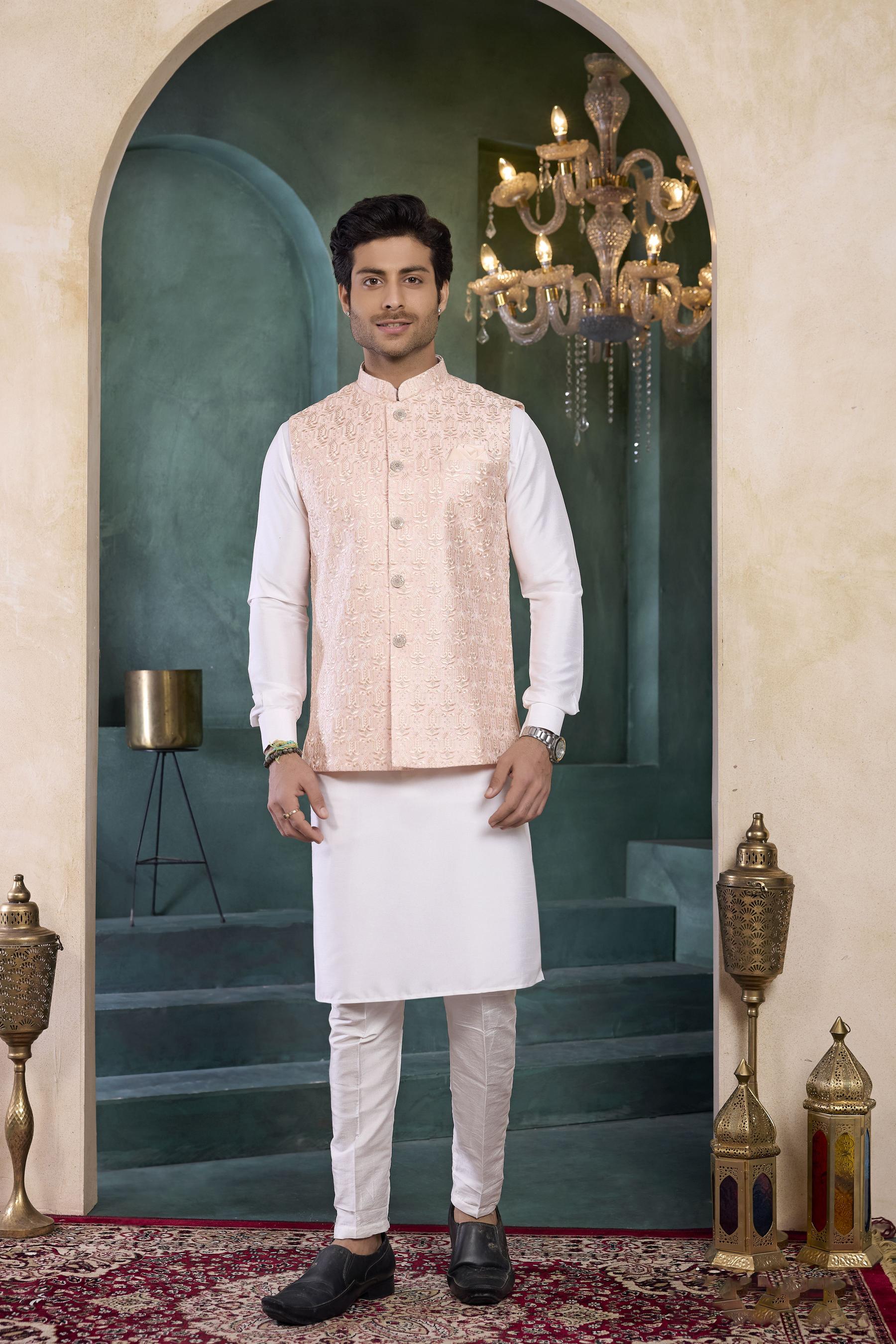 Off White Pink Banarasi Silk Kurta Pyjama
