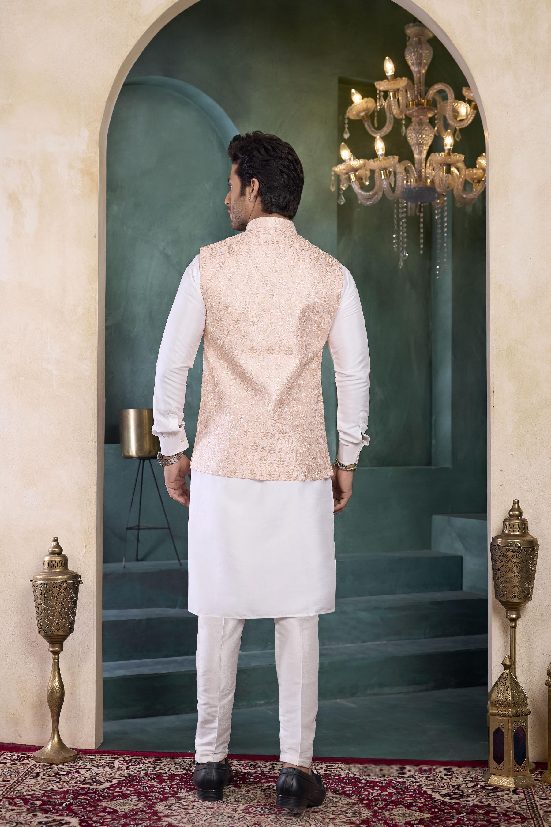 Off White Pink Banarasi Silk Kurta Pyjama — alternate view