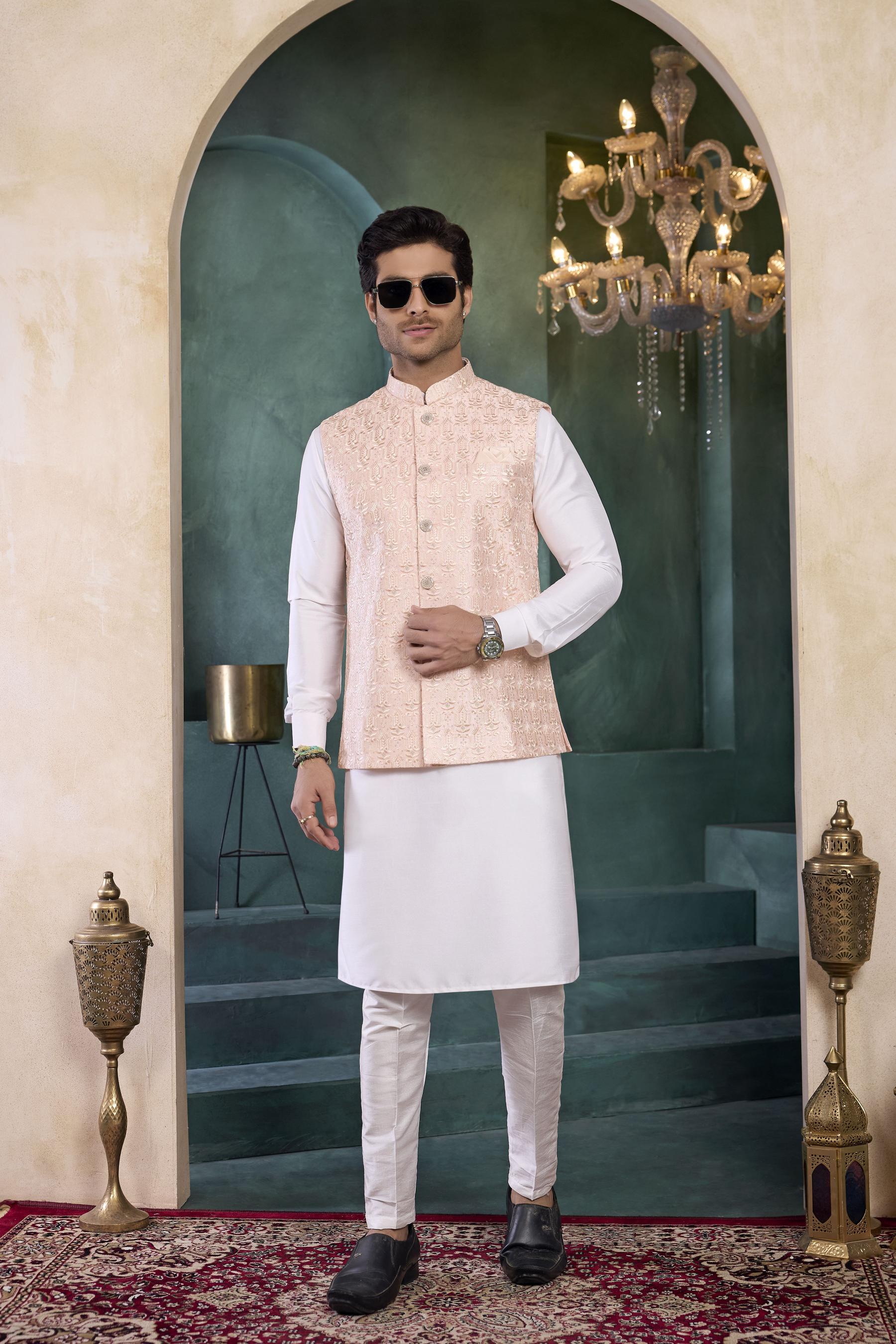 Off White Pink Banarasi Silk Kurta Pyjama