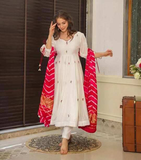 Off White Pink Chanderi Stitched Suits