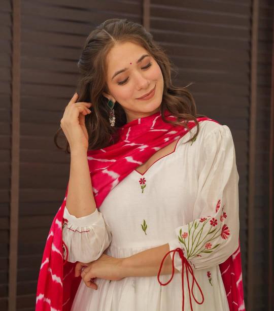 Off White Pink Chanderi Stitched Suits
