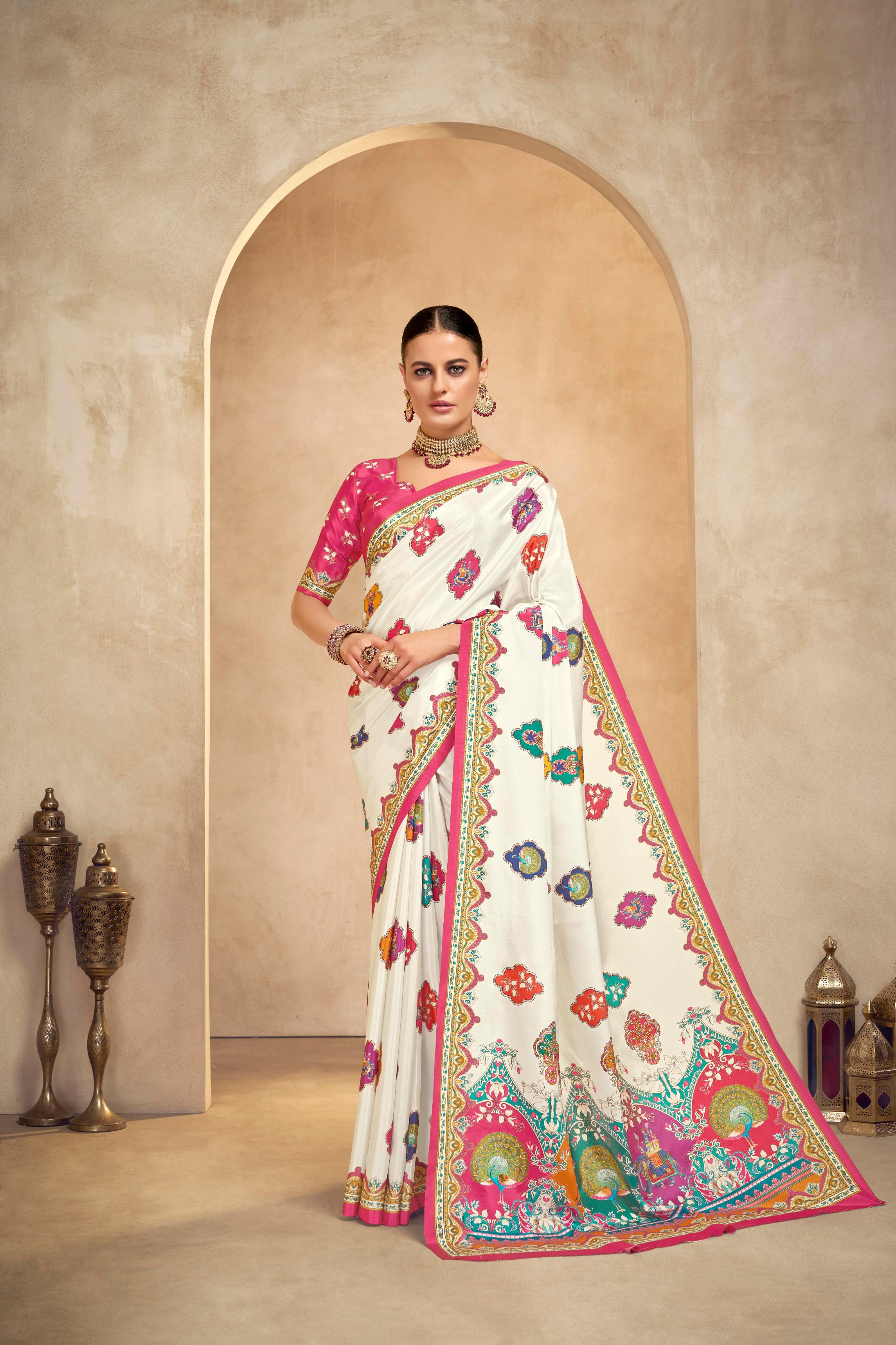 Off White Pink Crepe Silk Saree