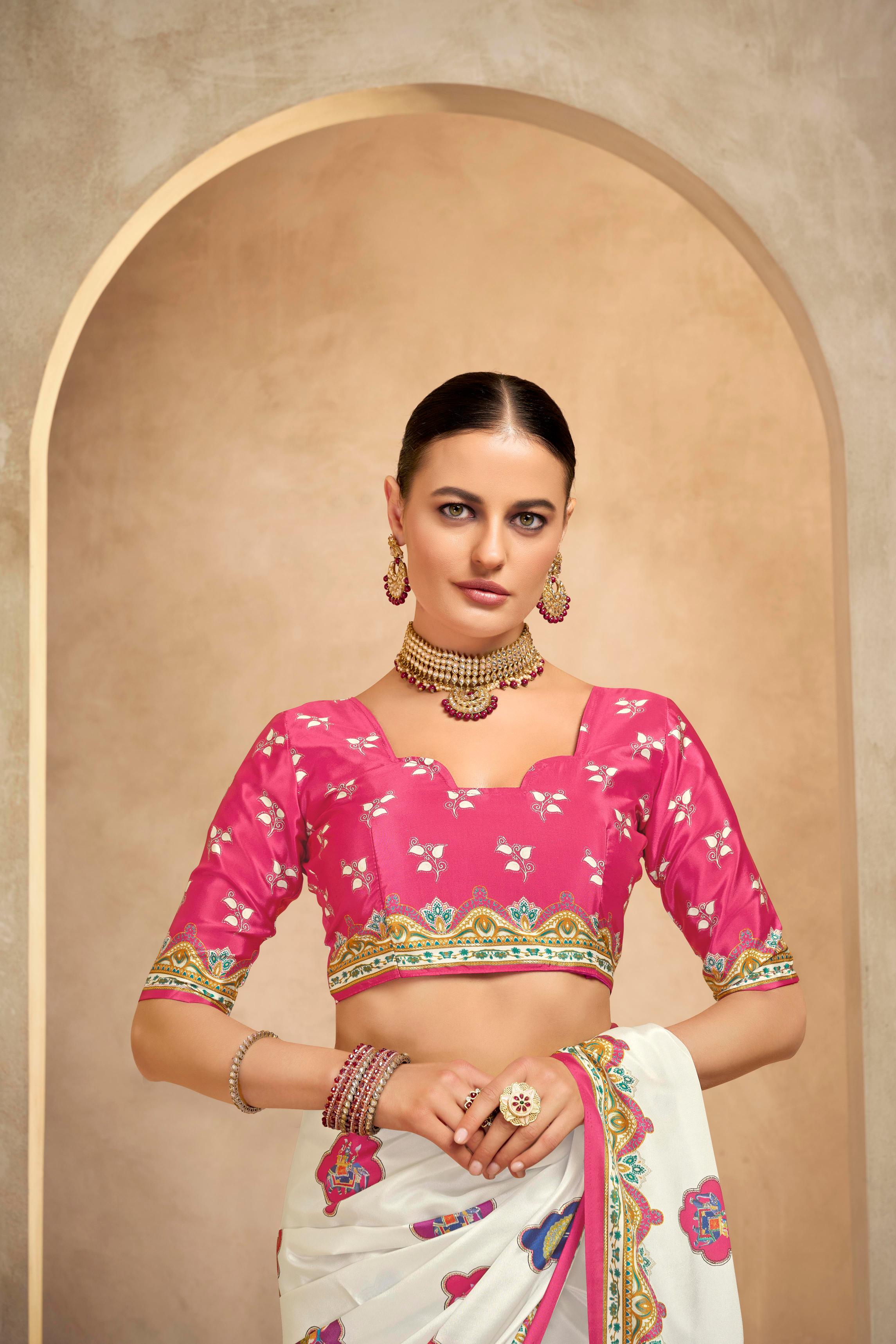 Off White Pink Crepe Silk Saree