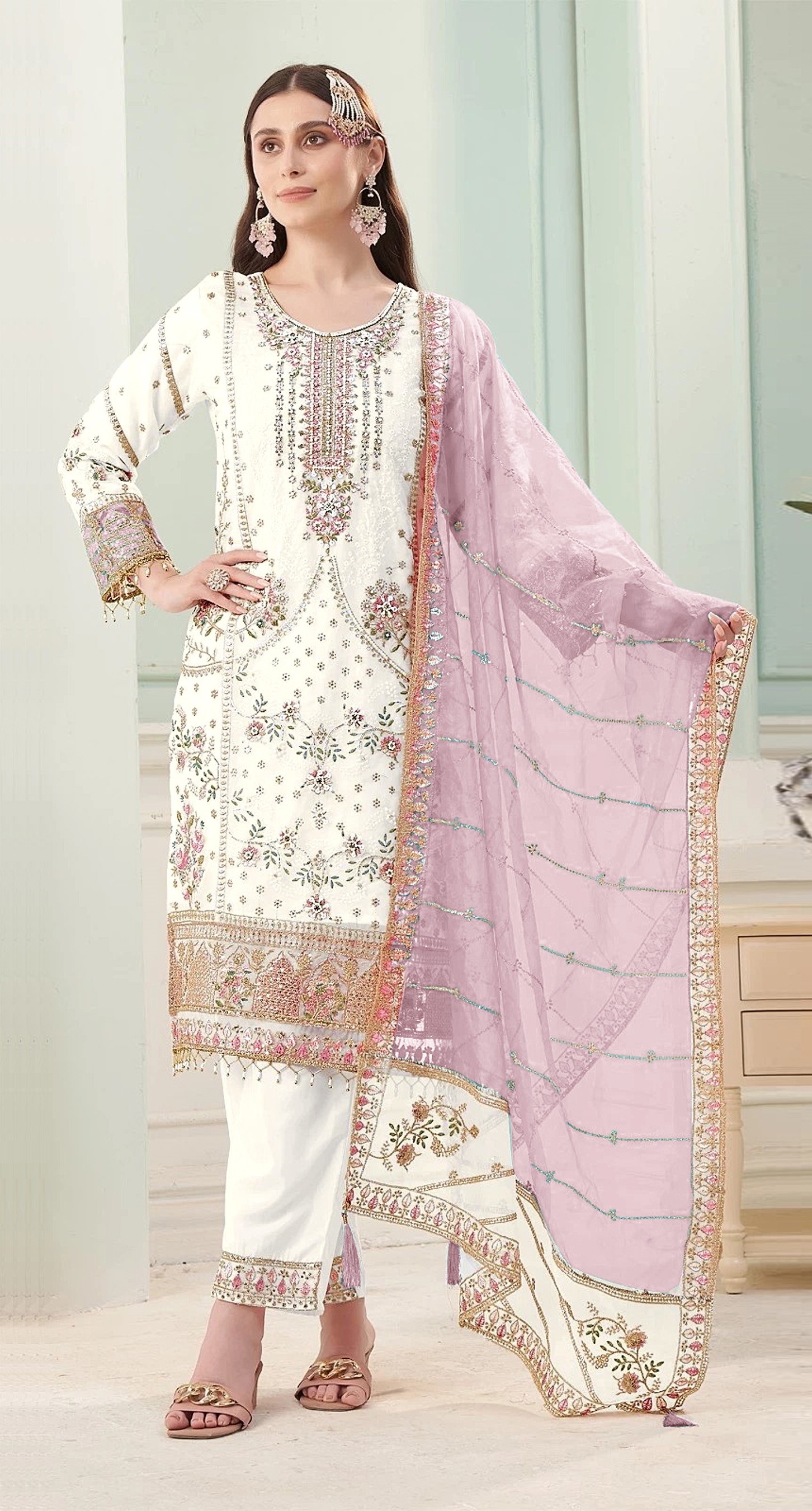 Off White Pink Floral Designer Embroidered Salwar Kameez