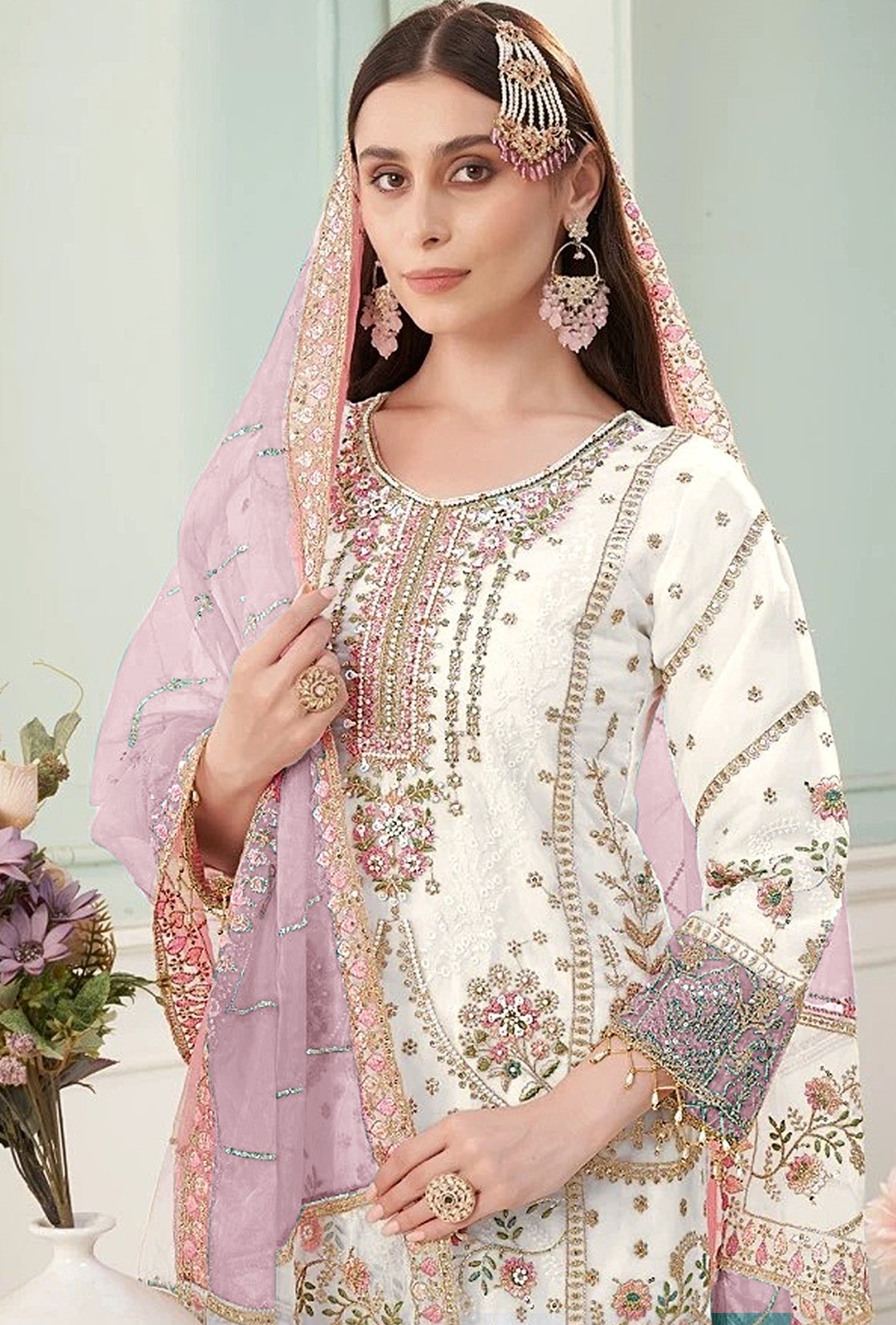Off White Pink Floral Designer Embroidered Salwar Kameez — alternate view