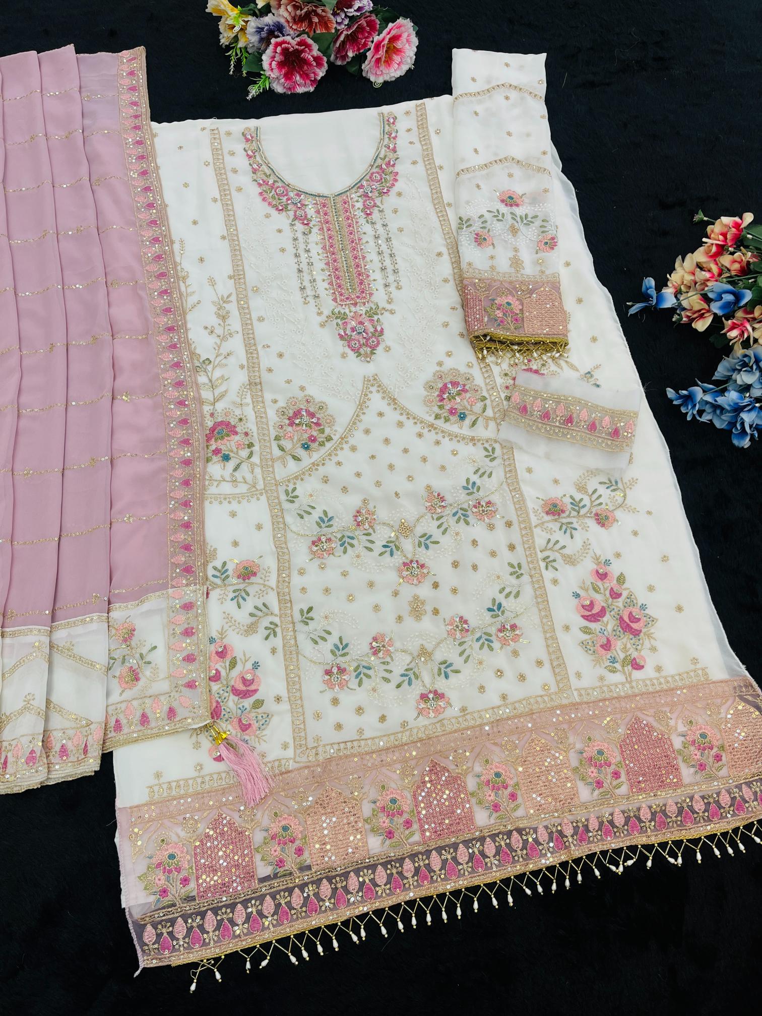 Off White Pink Floral Designer Embroidered Salwar Kameez