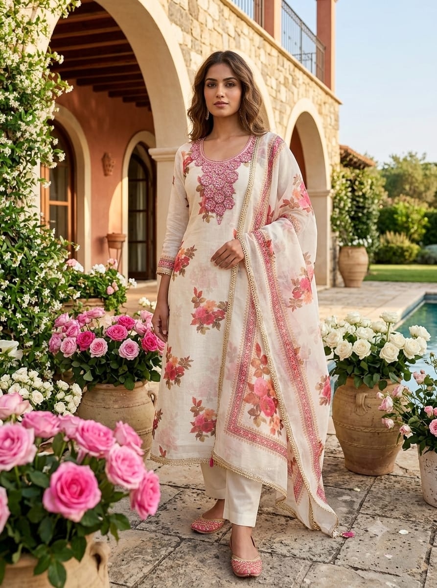 Off White Pink Floral Printed Shimmer Straight Suit