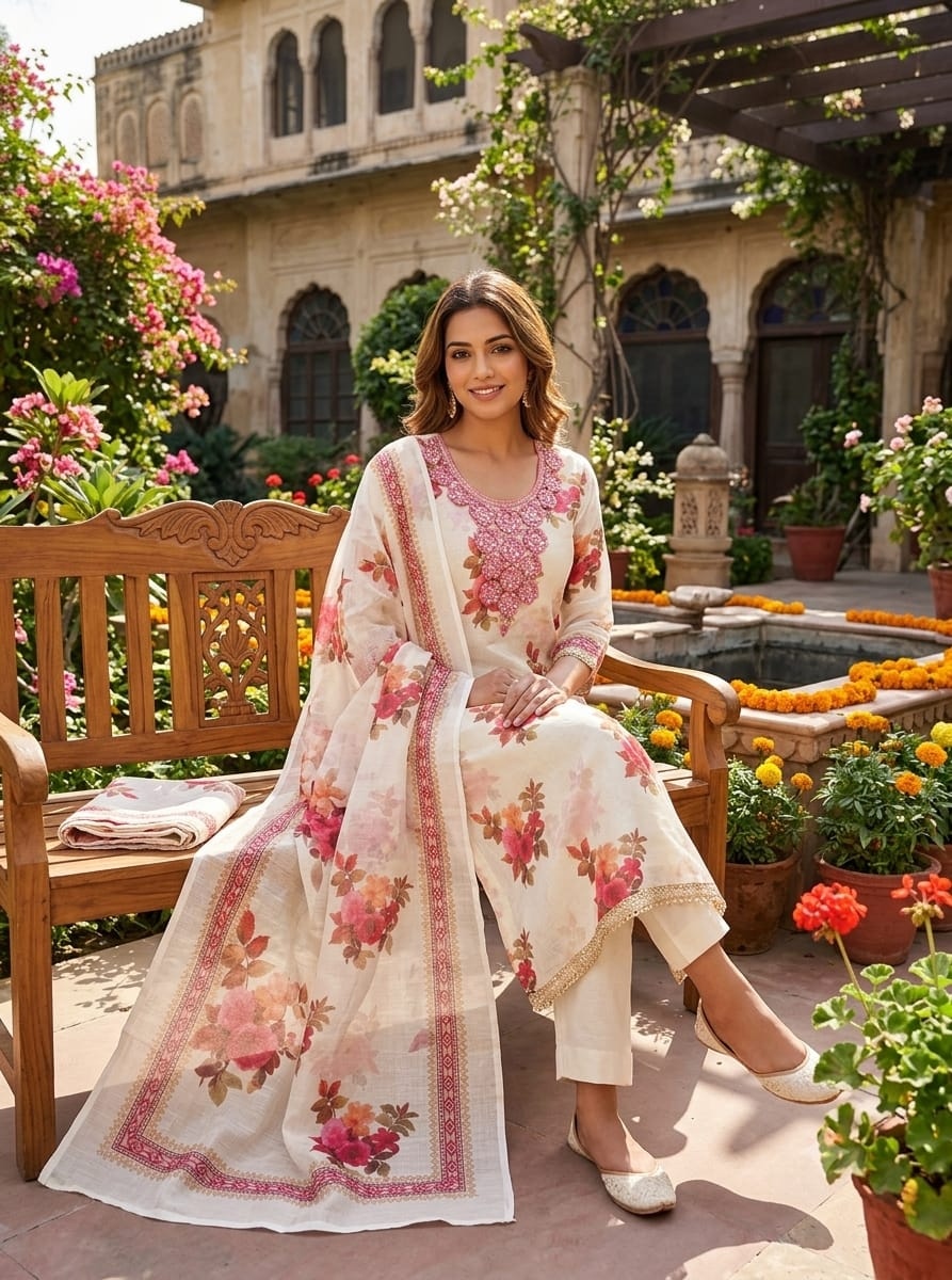 Off White Pink Floral Printed Shimmer Straight Suit — alternate view