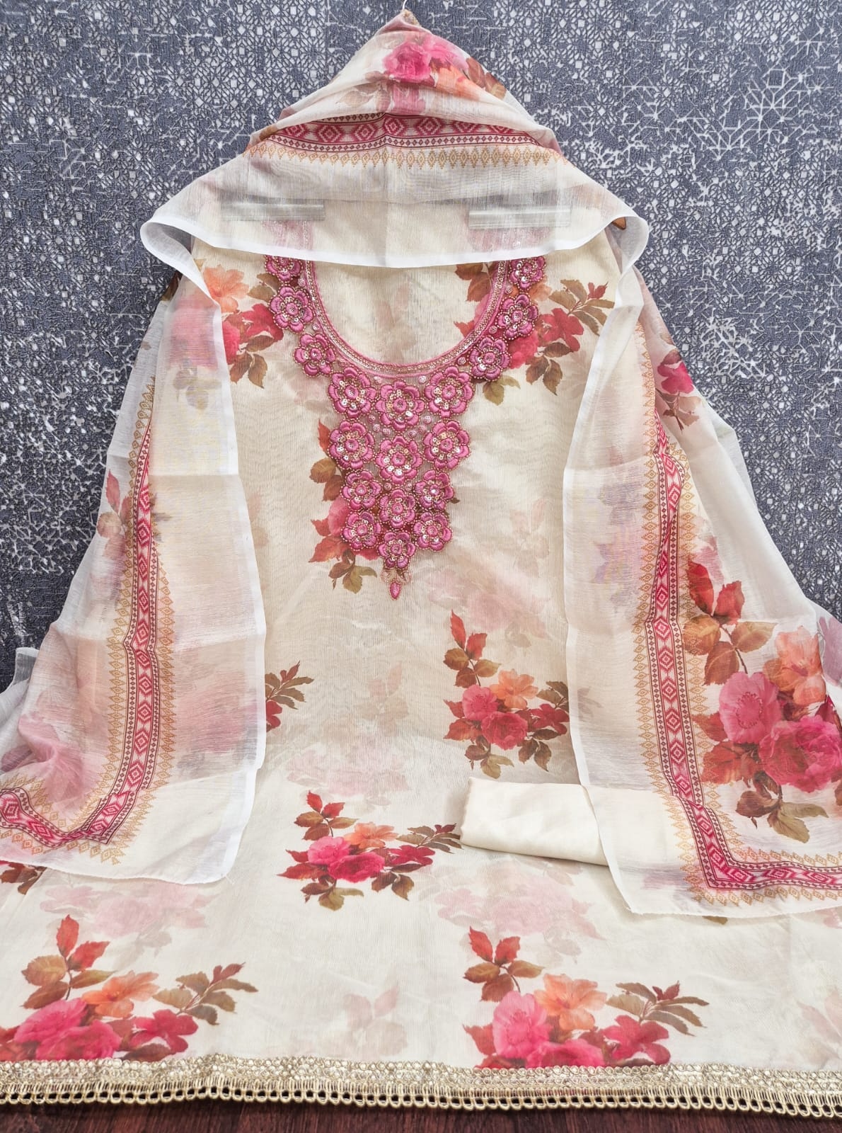 Off White Pink Floral Printed Shimmer Straight Suit