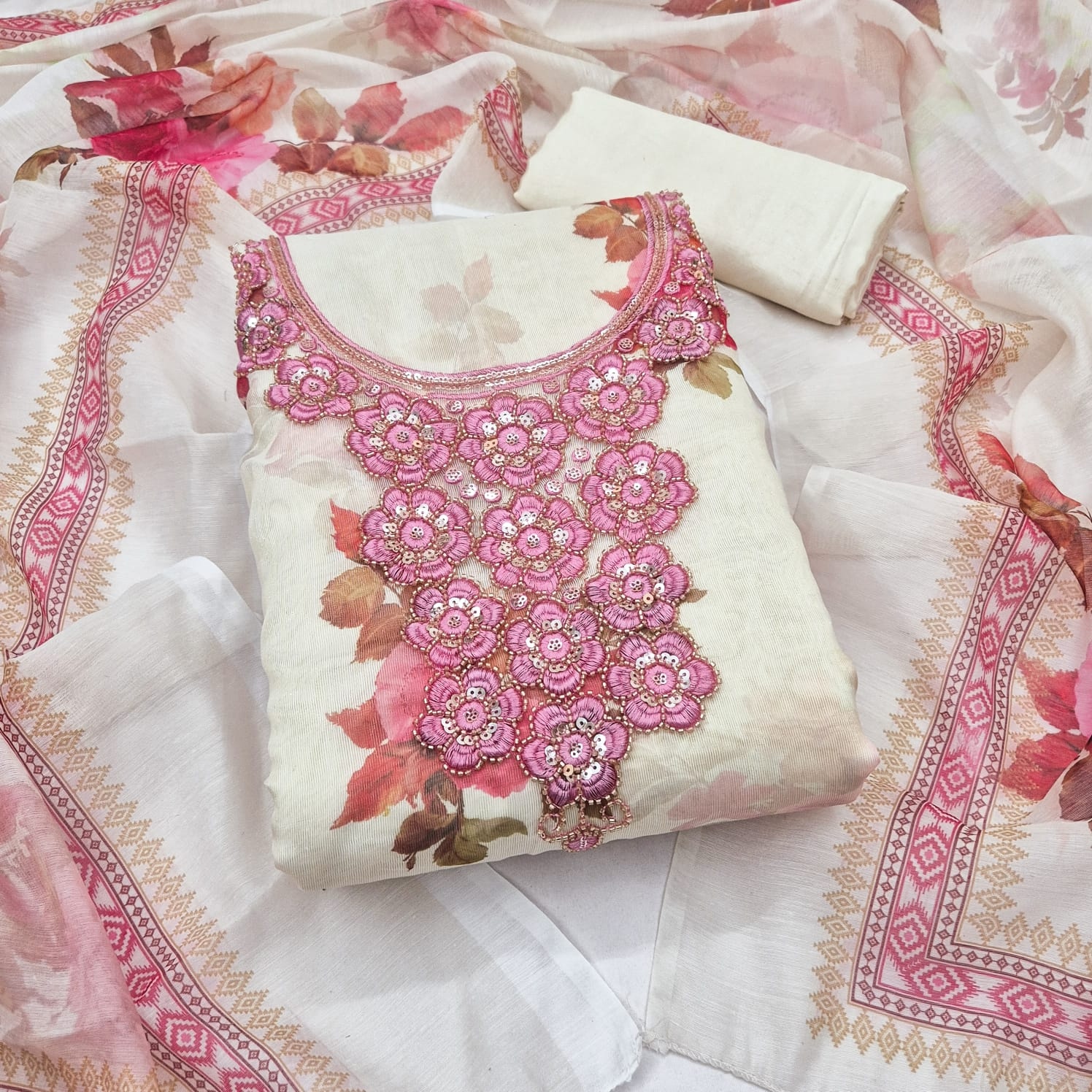 Off White Pink Floral Printed Shimmer Straight Suit