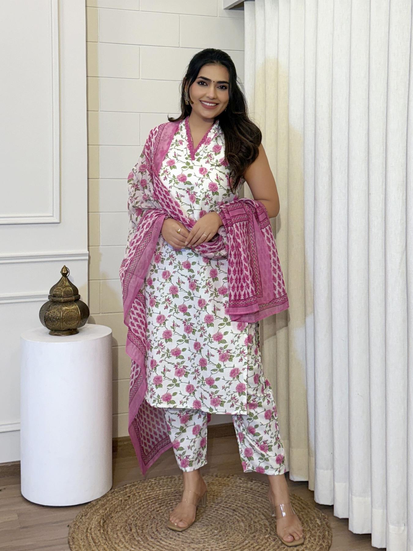 Off White Pink Floral Printed Stitched Suits