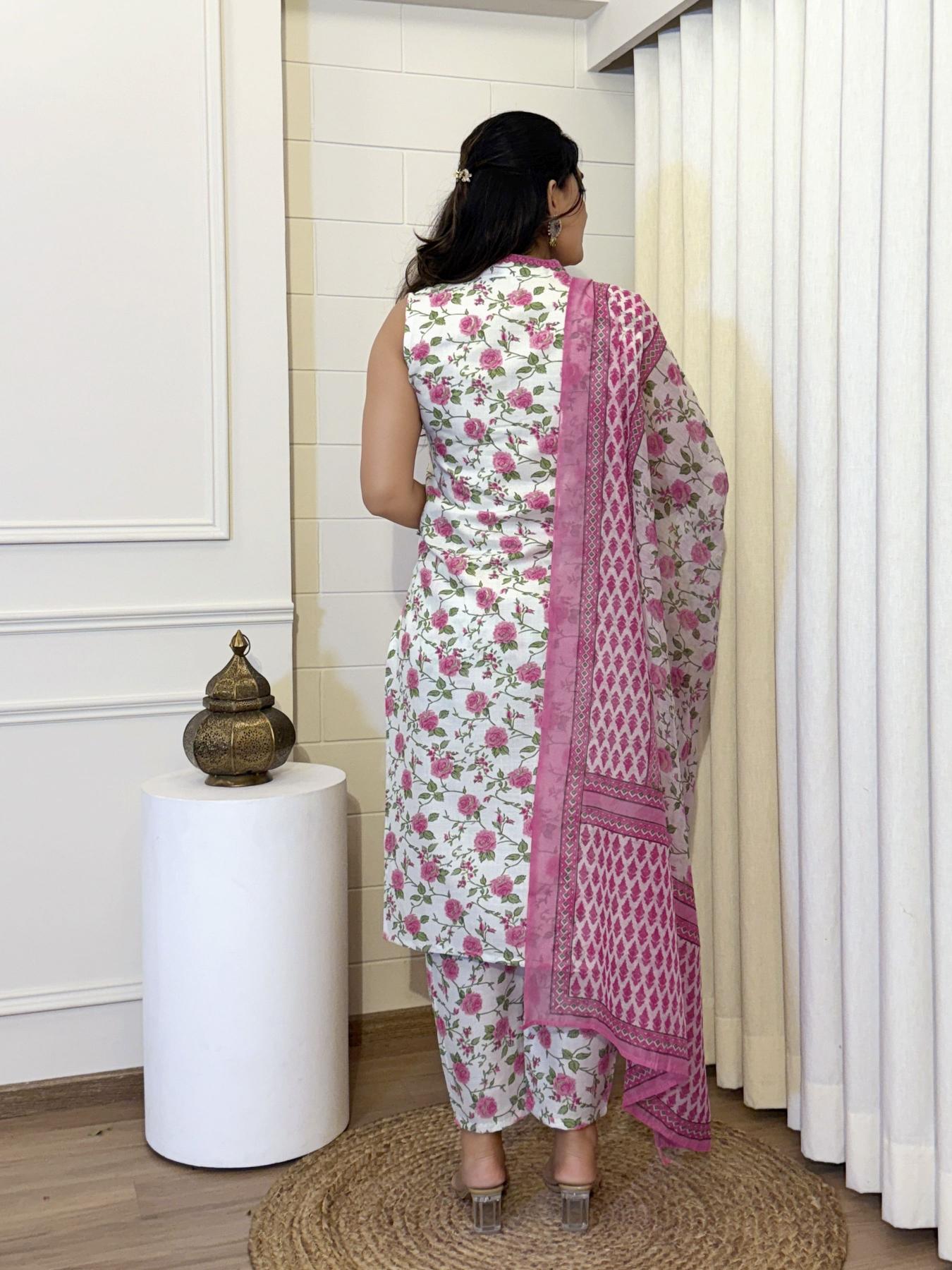 Off White Pink Floral Printed Stitched Suits — alternate view
