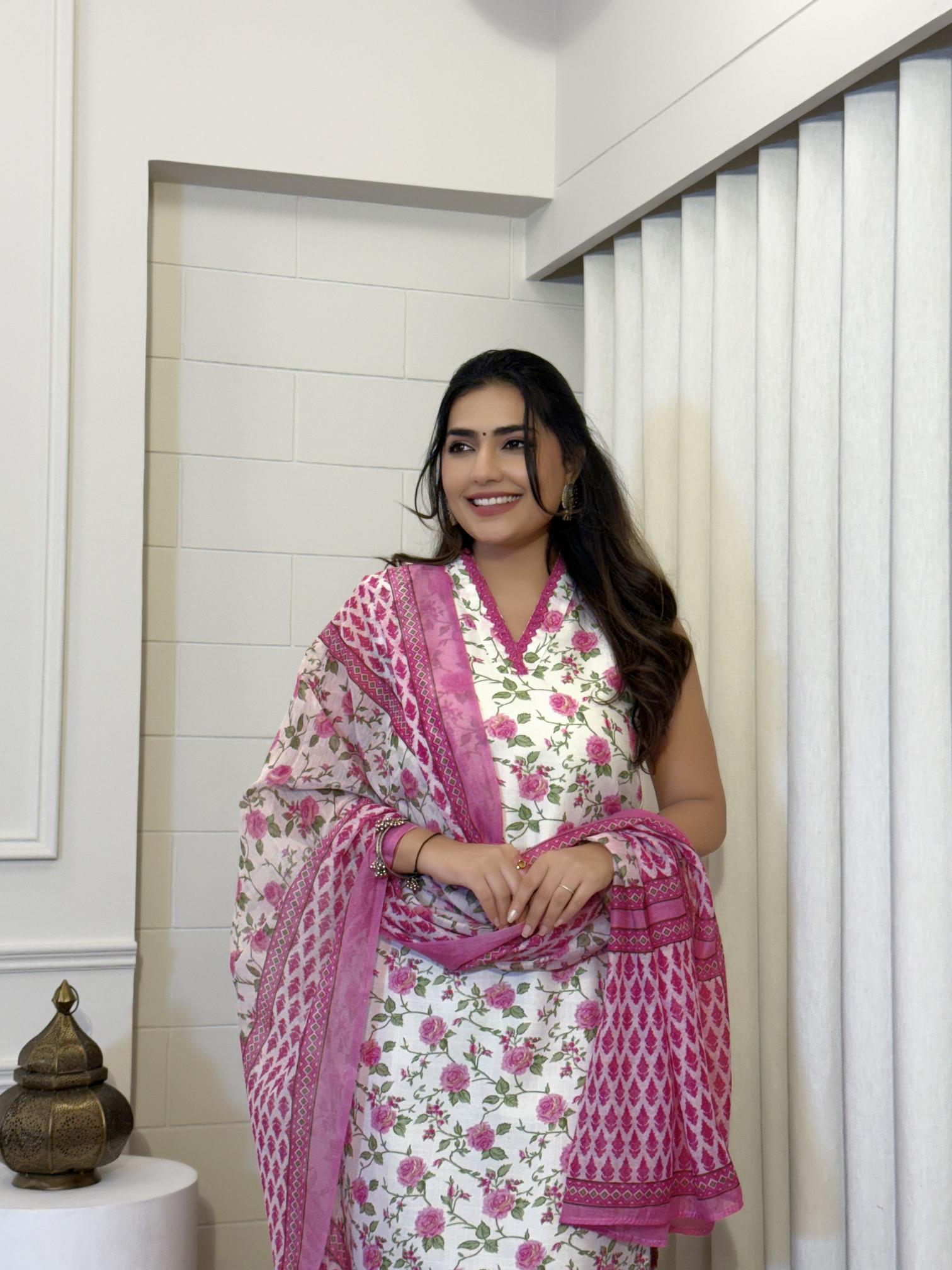 Off White Pink Floral Printed Stitched Suits