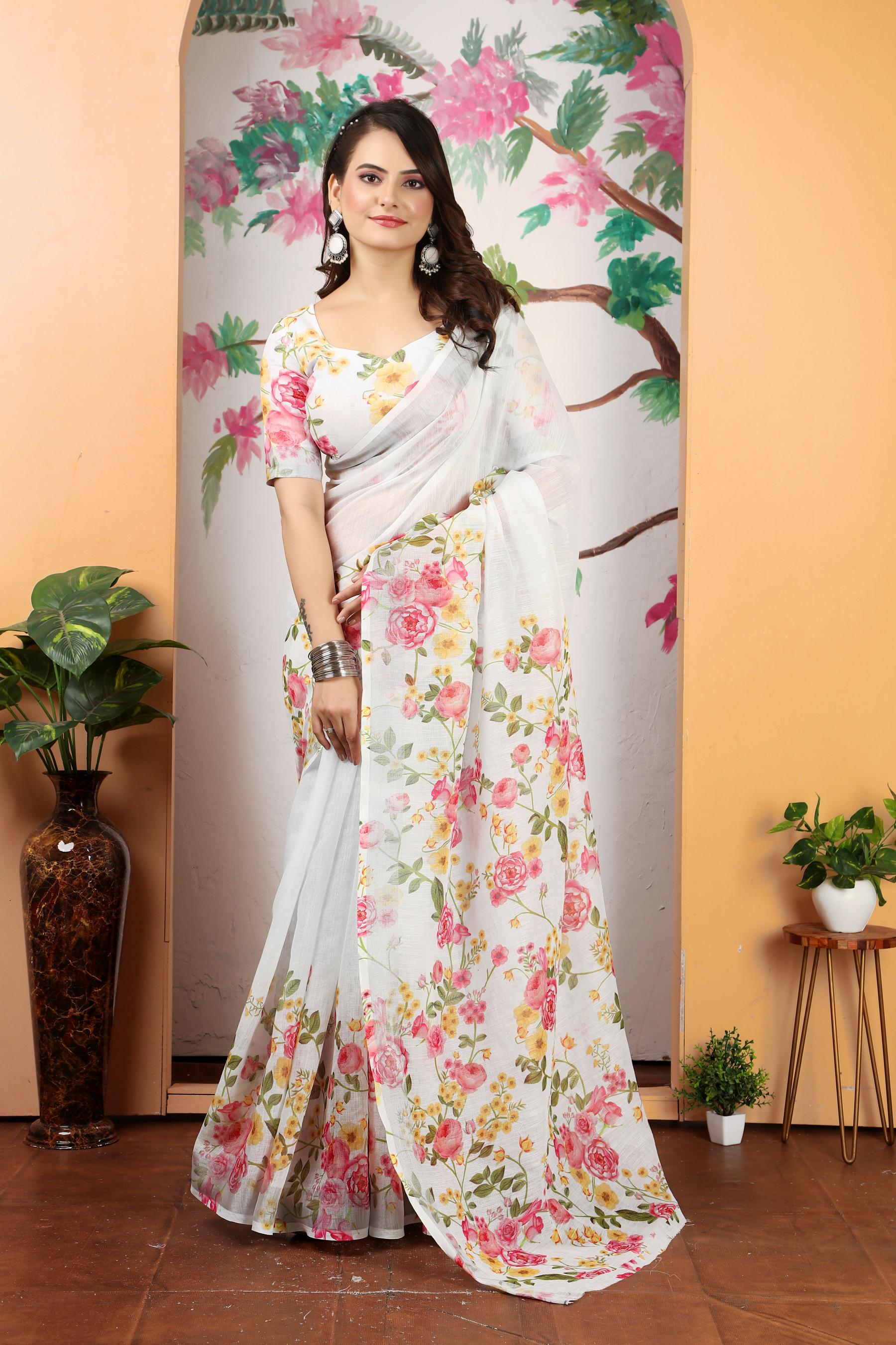 Off White Pink Linen Cotton Saree