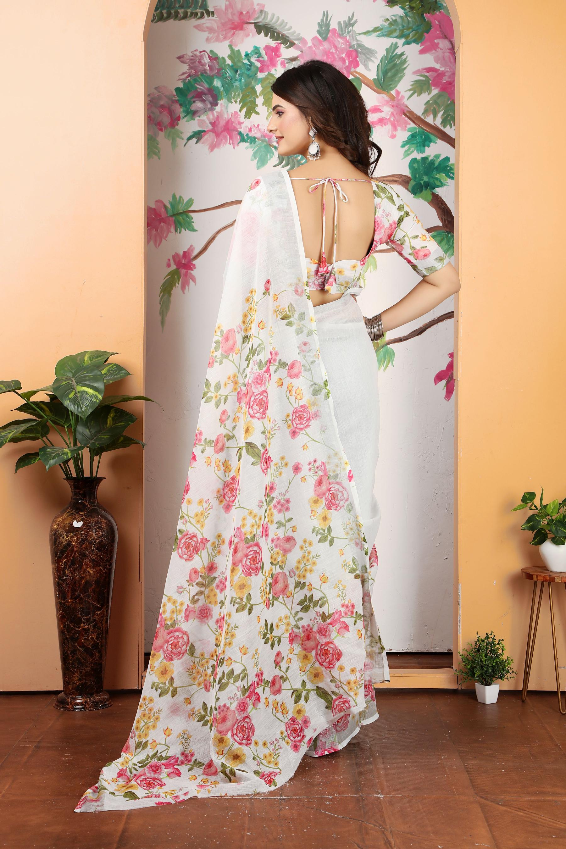 Off White Pink Linen Cotton Saree — alternate view