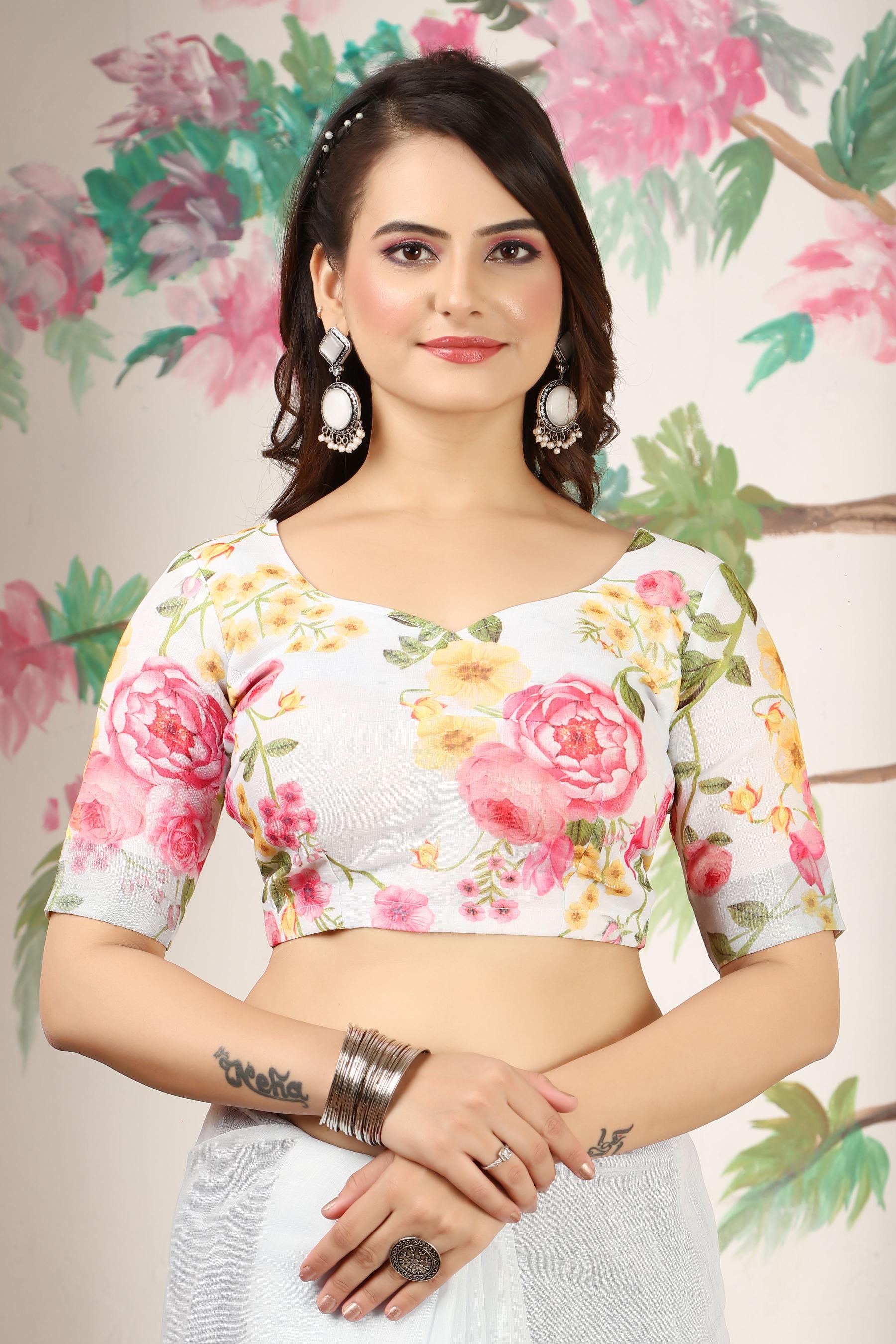 Off White Pink Linen Cotton Saree