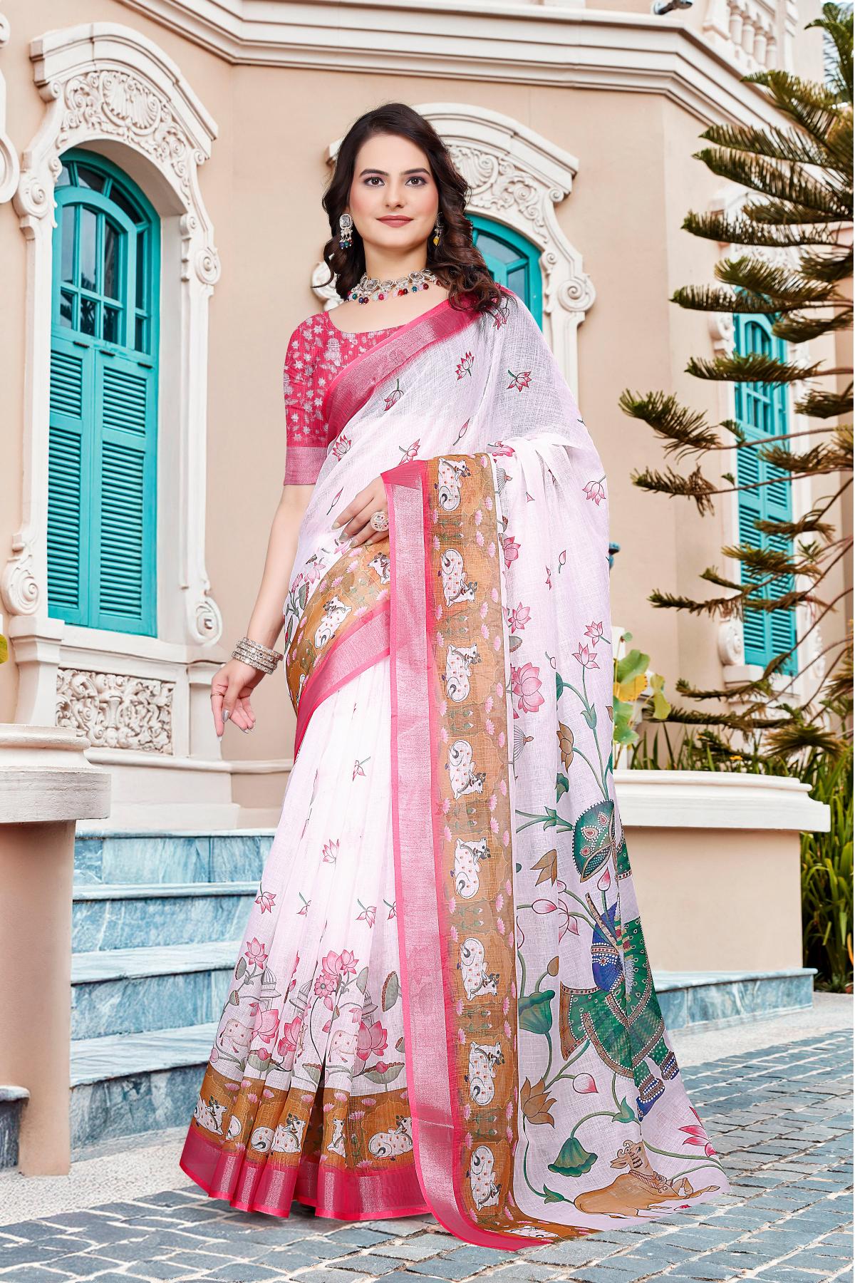 Off White Pink Linen Cotton Saree