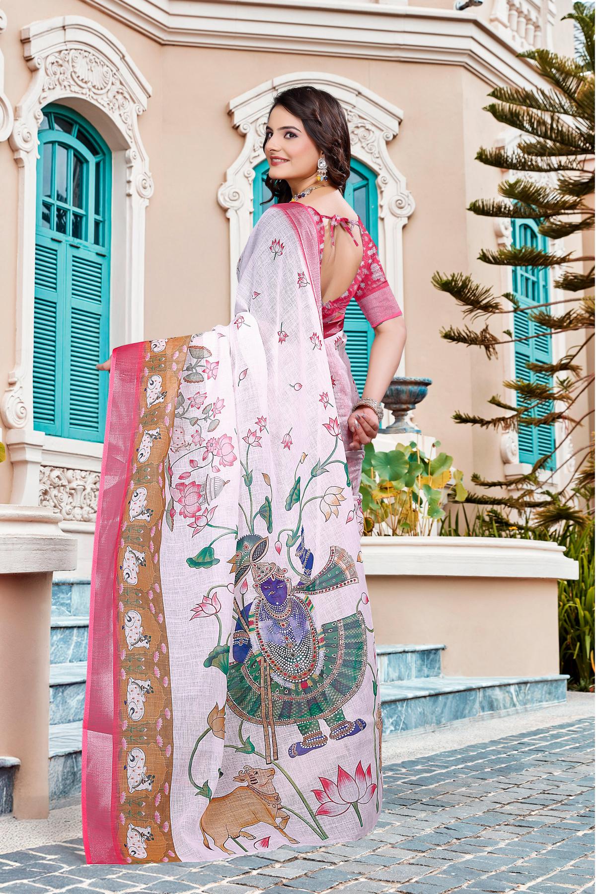Off White Pink Linen Cotton Saree — alternate view