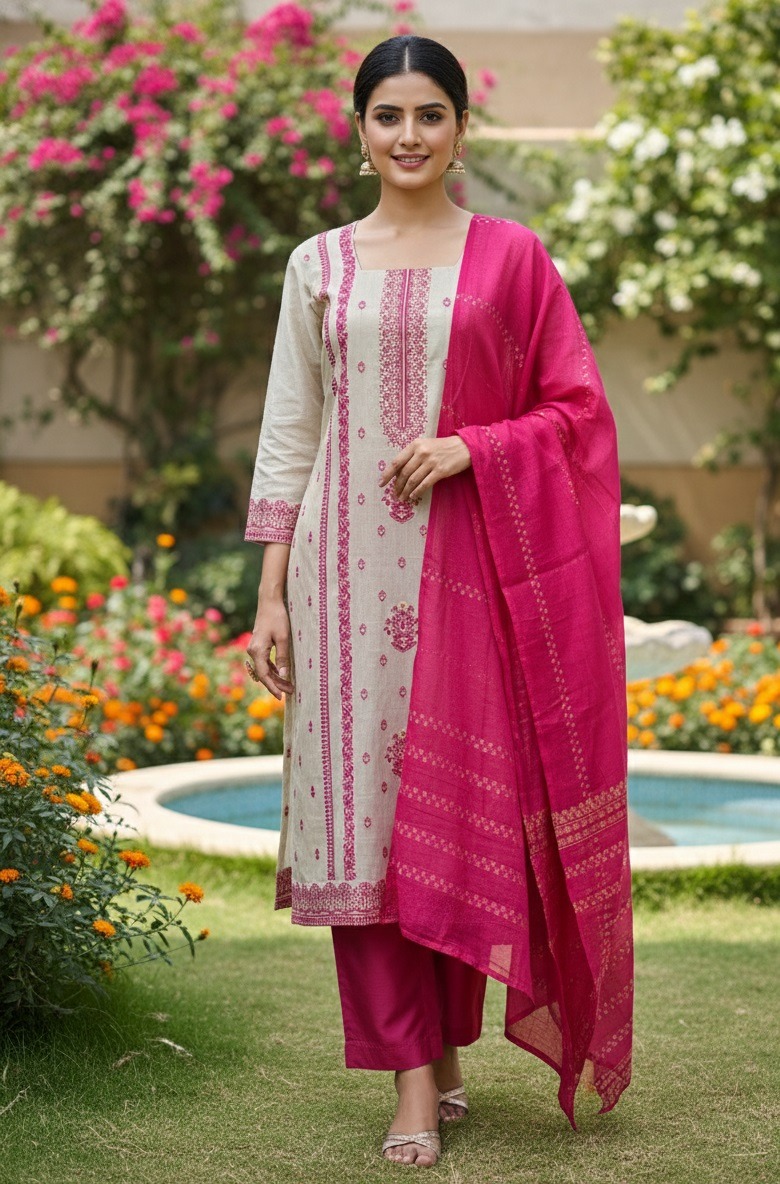 Off White Pink Panelled Straight Salwar Suit