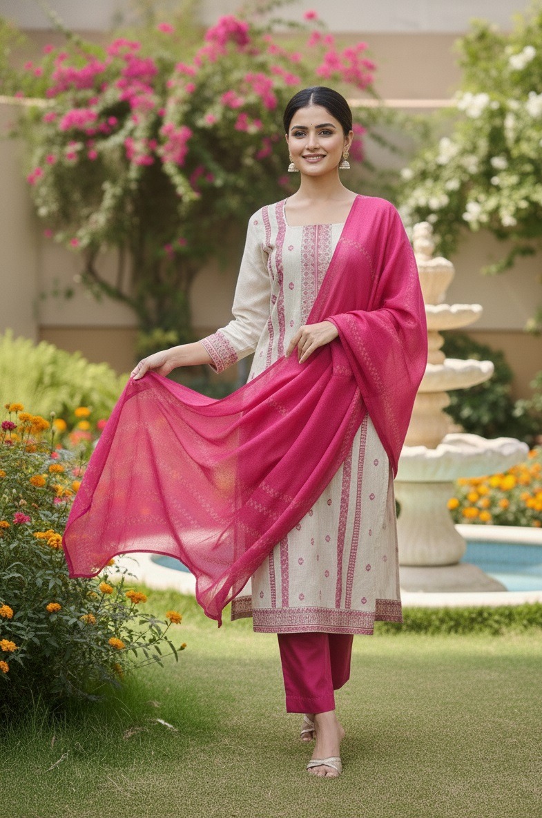 Off White Pink Panelled Straight Salwar Suit
