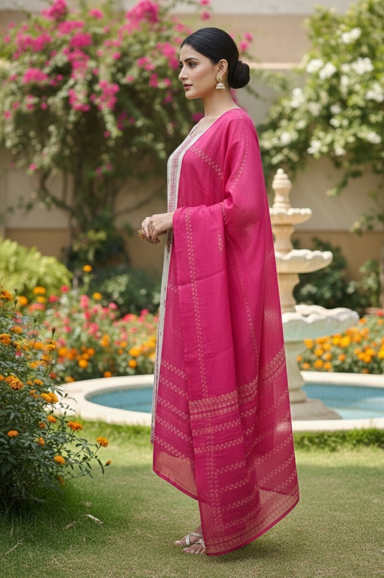 Off White Pink Panelled Straight Salwar Suit