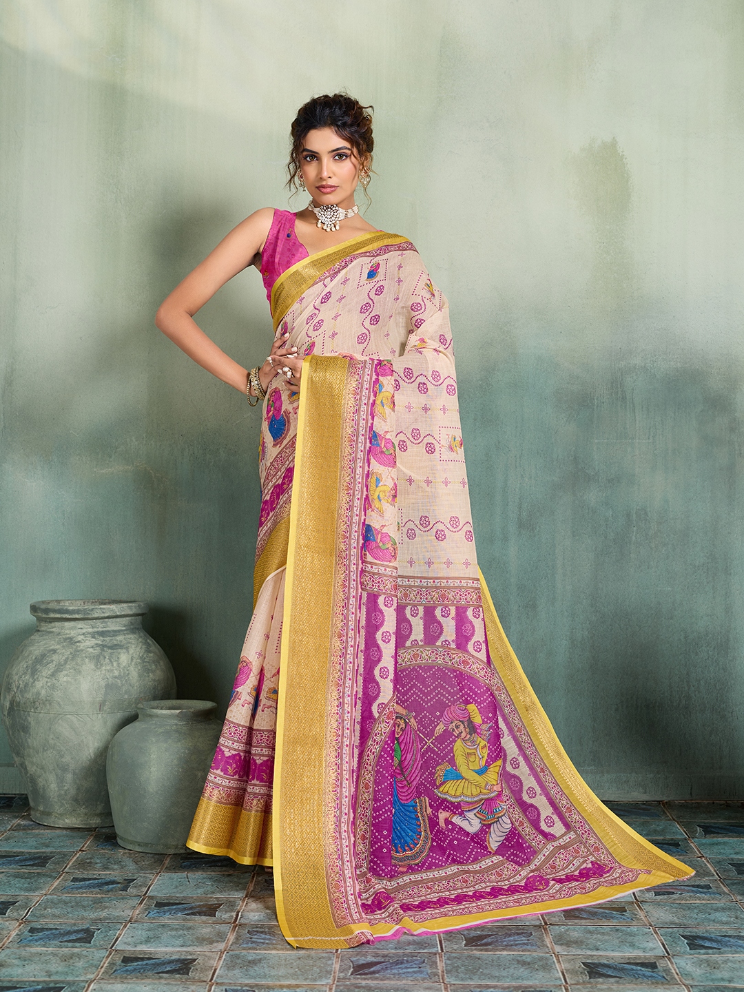 Off White Pink Printed Jari Border Linen Saree
