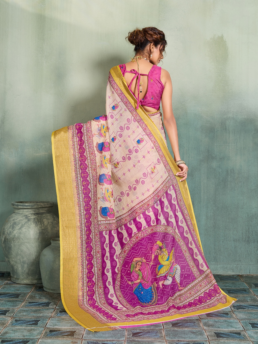 Off White Pink Printed Jari Border Linen Saree — alternate view