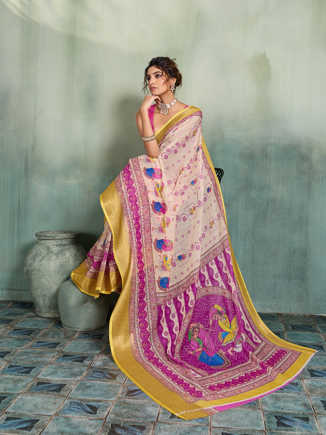 Off White Pink Printed Jari Border Linen Saree